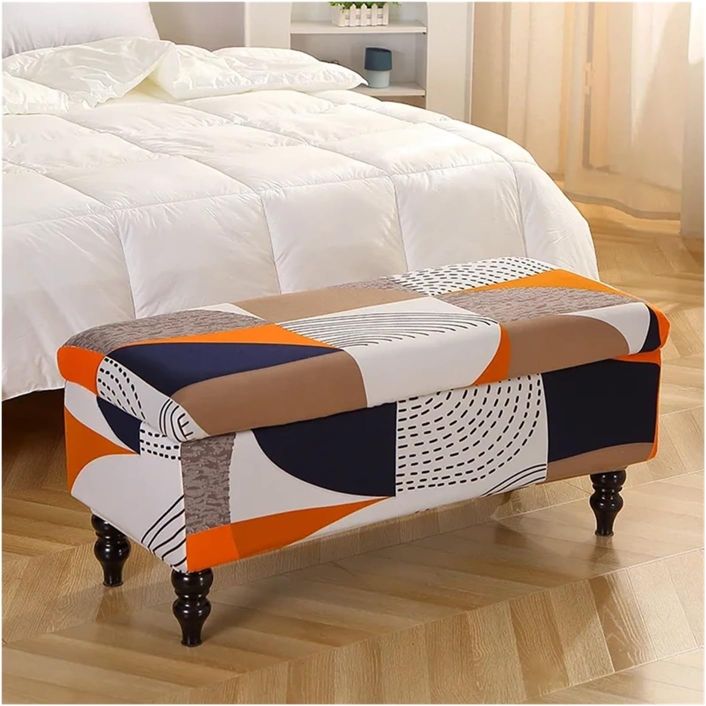 Bench Cushion Cover 1PC Printed Storage Ottoman Cover Elastic Foldable Bedroom Footstool Covers Bench Stool Furniture Protector Footrest Slipcover(Color 2,1PC Stool Cover L)