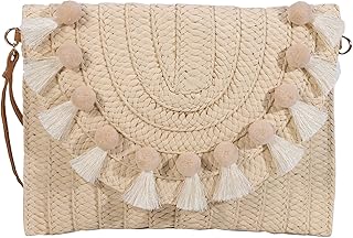 NETFEN Straw Purses for women, Straw Bag Clutch Purses Bohemian Bag Straw Clutch Beach Purse Women Beach Essentials for Summer Vacationï¼ˆCreamy-white with Fur ball Tassel