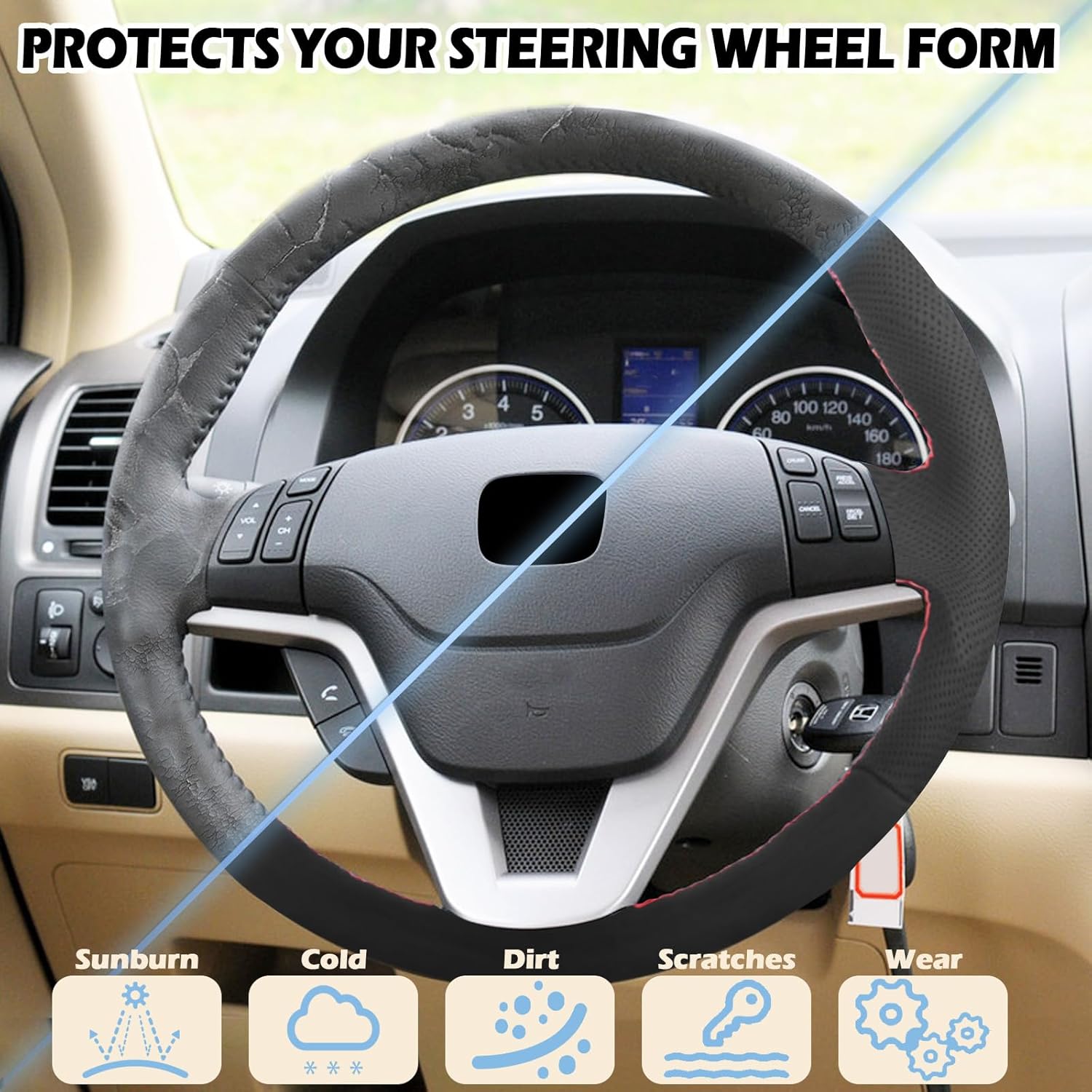 Microfiber Leather Hand Sewn Steering Wheel Cover Compatible with Honda CRV 2007-2011 DIY Steering Wheel Protector On Wrap Interior Accessories