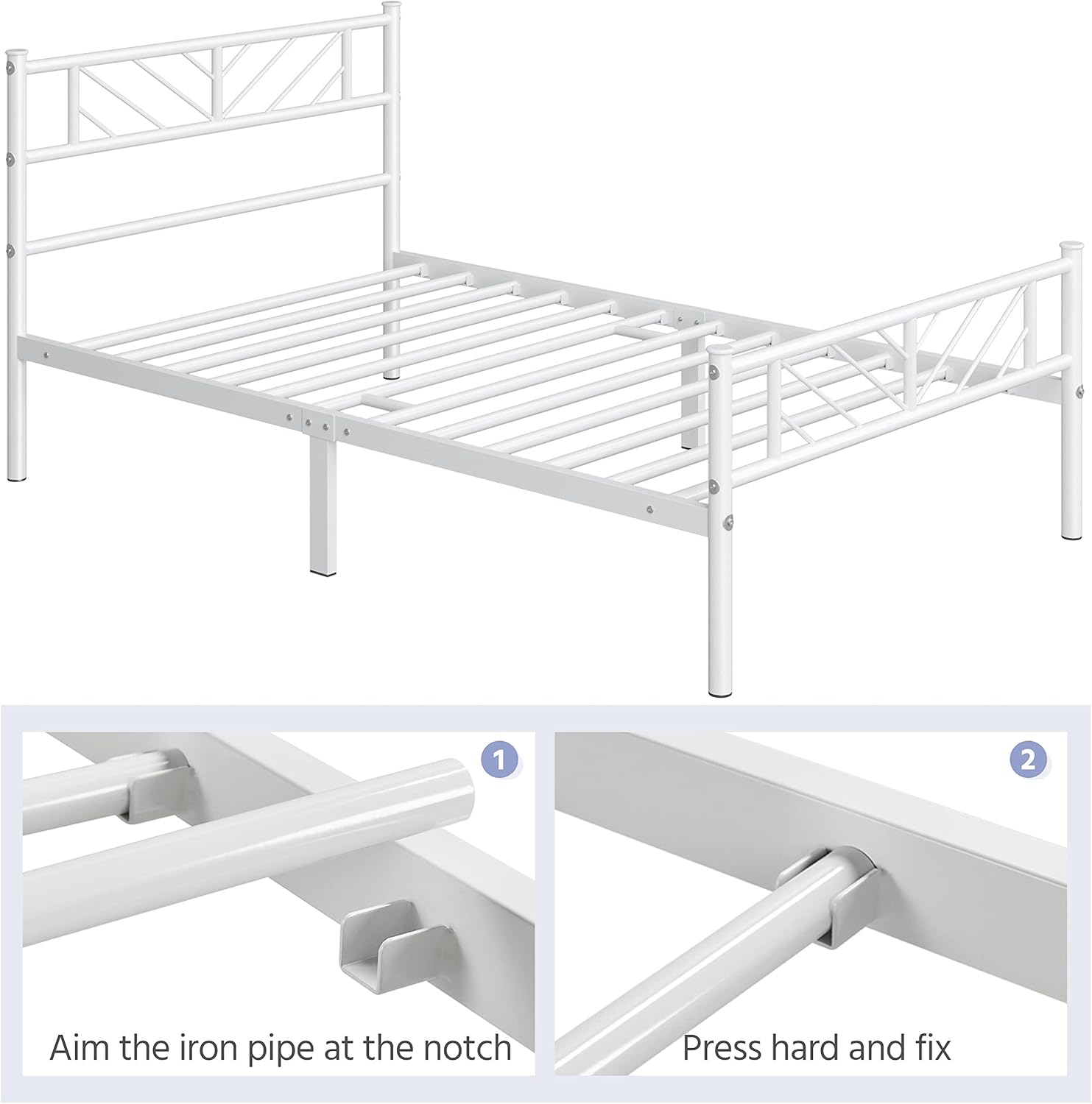 Diagram showing how to insert metal slats into the bed frame notches