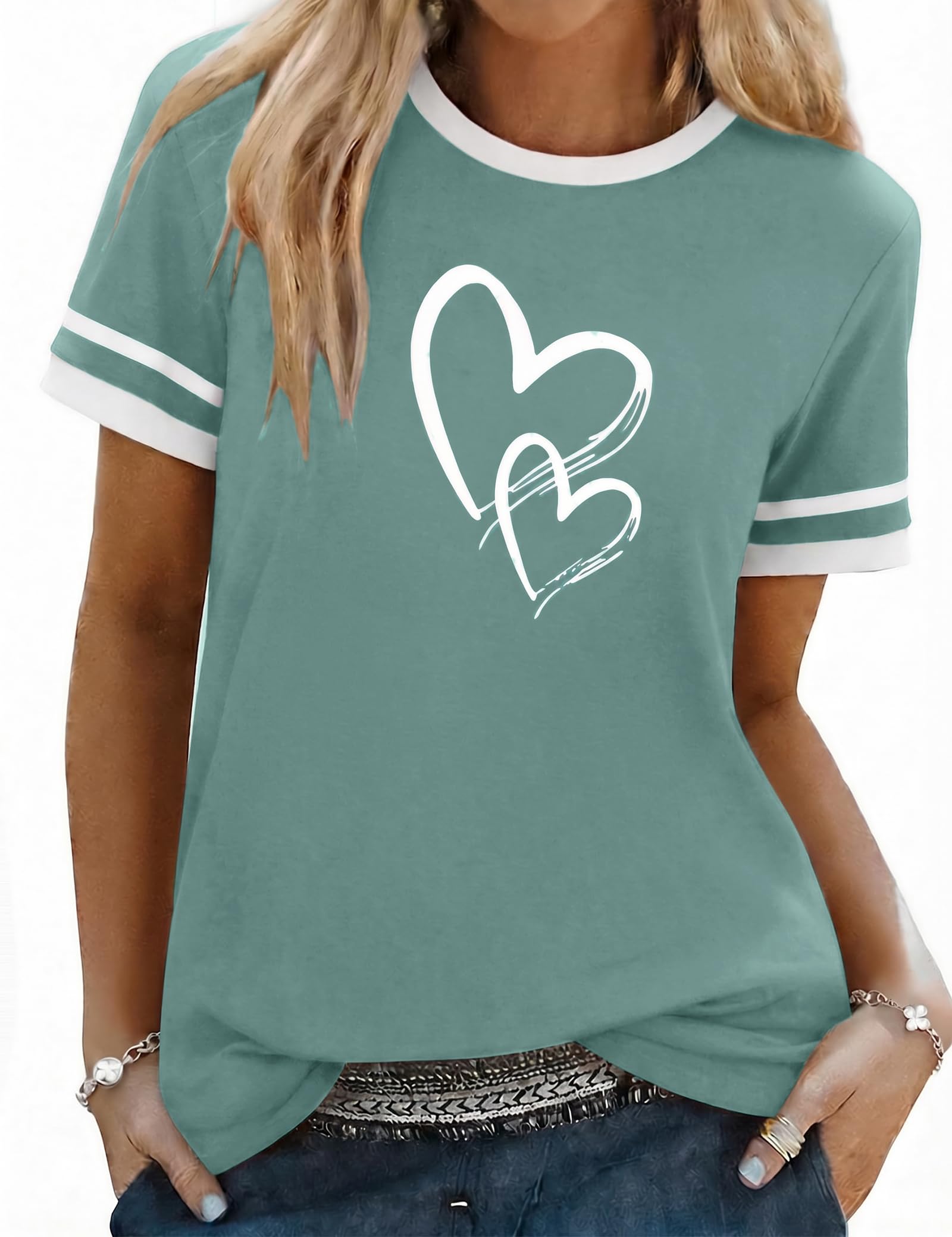 Aottori T-Shirt Damen Baumwolle Rundhals Kurzarm Oberteil Sommer Basic mit Herzen Print Tee Shirts Frauen Stretch Oversize Top Casual