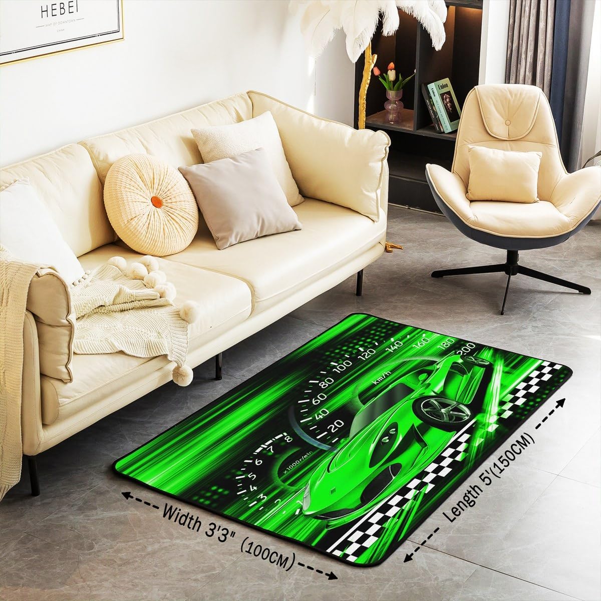 Feelyou Green Race Car Area Rug 3x5, Green Black Ombre Racing Car Living Room Rugs Speed Sports Car Decorative Carpet for Kids Extreme Sports Indoor Floor Mat Non-Slip Accent Rug