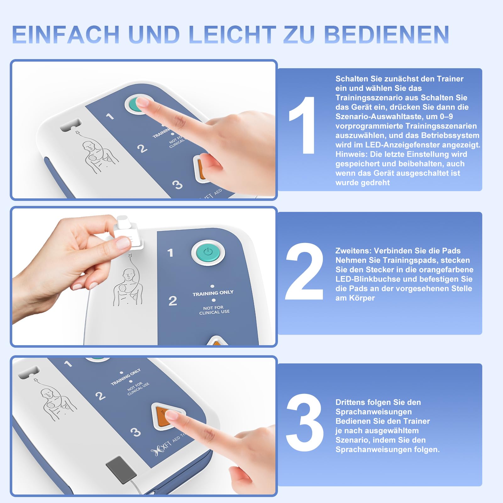 AED Defibrillator Trainer mit Fernbedienung, XFT-120C+ Erste Hilfe Lehrgerät für AED-Training, AED Trainingsgerät mit CPR-Lehrgerät Maschine, 10 Trainingsszenarien, Sprachkombination Deutsch/Englisch
