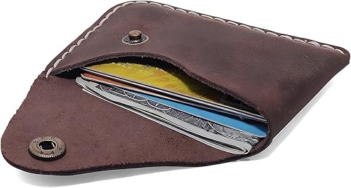 Miniatura 35 de Cartera organizadora de tarjetas de bolsillo frontal cosida a mano minimalista de cuero genuino para tarjetas, billetera con tarjetero pequeño, Negro