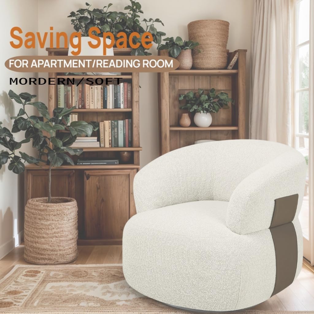 Swivel Barrel Accent Chairs-Modern Round Club Arm Chair Upholstered Living Room Armchair, Single Sofa Seating Bedroom Side Reading Seat for Living Roon Office (Beige-Chenille, 1*Seat)