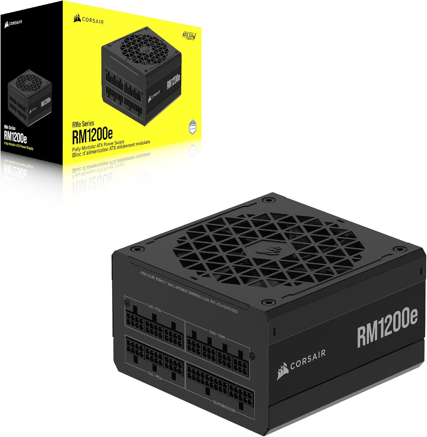 CORSAIR RM1200e (2023) Fuente de Alimentación Modular ATX de Bajo Ruido con Cable 12V-2×6 – ATX 3.1 & Compatible con PCIe 5.1, Cybenetics Platinum, Condensadores a 105°C, Espera Moderno – Negro 8