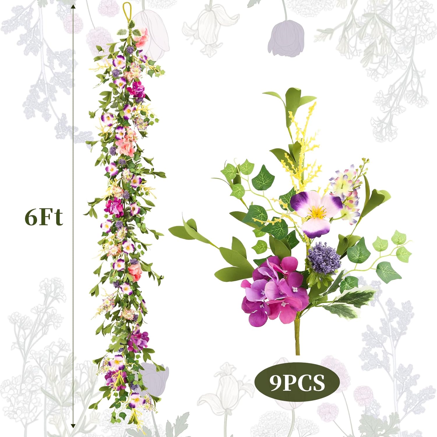 HOHOTIME Pansy Flower Garland, 6FT Artificial Spring Floral Vines with Lavender EucalyptuHydrangea for Mantle Wedding Porch Staircase Indoor Decor, Fake Wildflower Easter Home Decoration