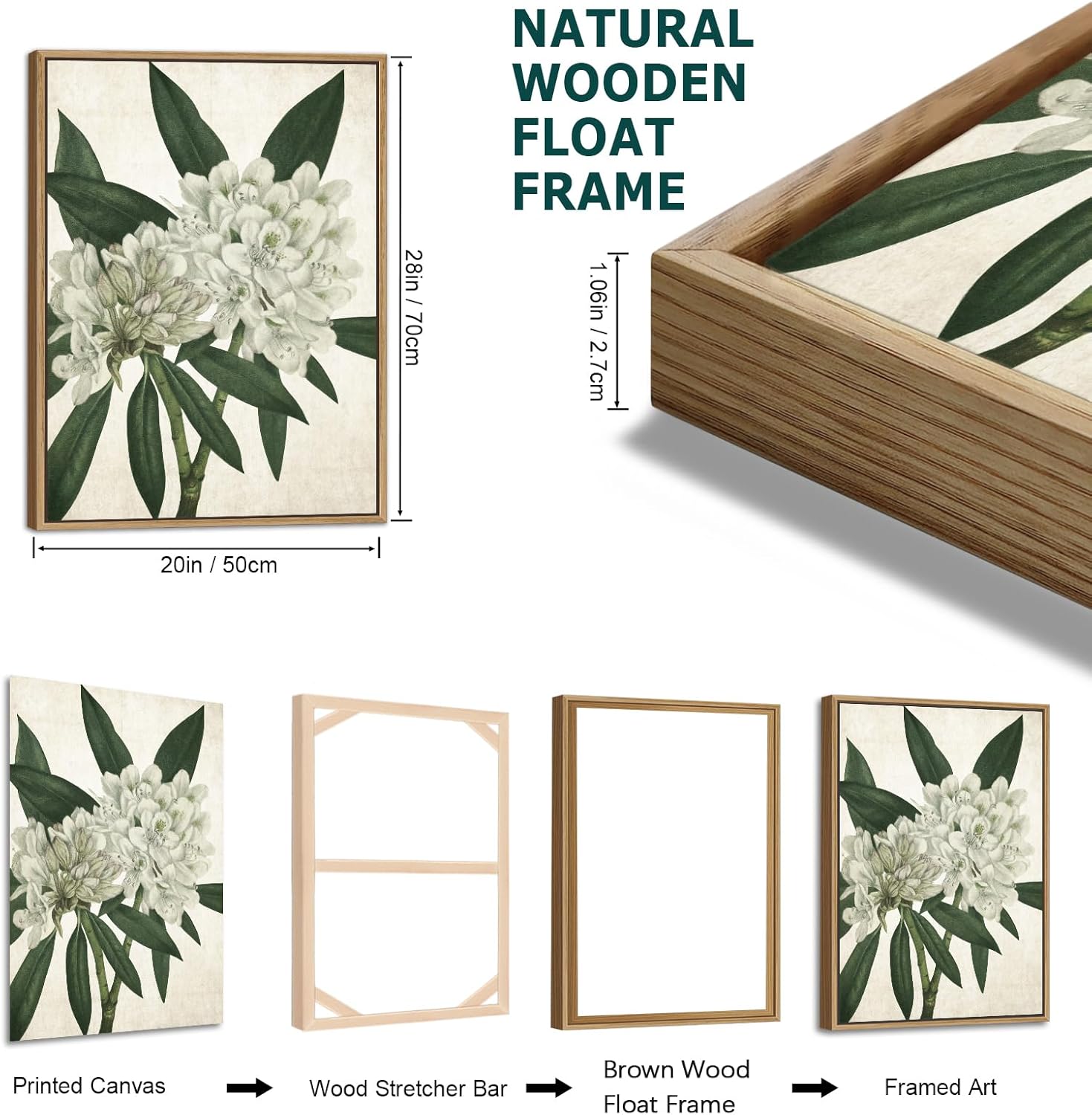 Large Framed Canvas Wall Art - Natural Float Framed White Flowers Green Leaves Pictures Decor Simple Botanical Plants Artwork for Living Room Bedroom Kitchen Home Office Decoration 60" X 28" Set of 3