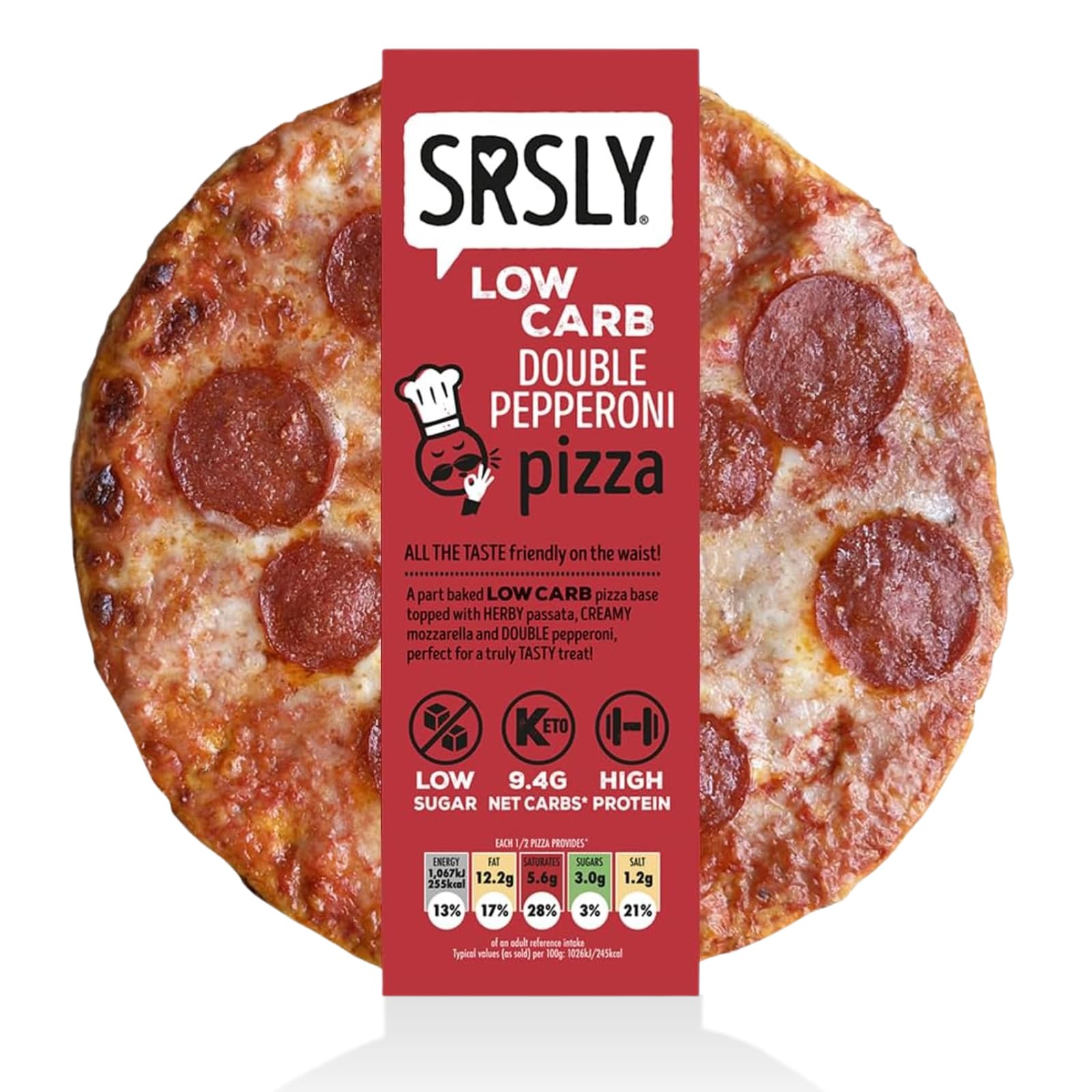 SRSLY Low Carb Double Pepperoni Pizza 9 Inch Multipack of 6 | Keto Low Carb Low Sugar High Protein Halal | Crispy Base Full Flavour Toppings Ready to Bake | Fresh Frozen Pizza Multipack