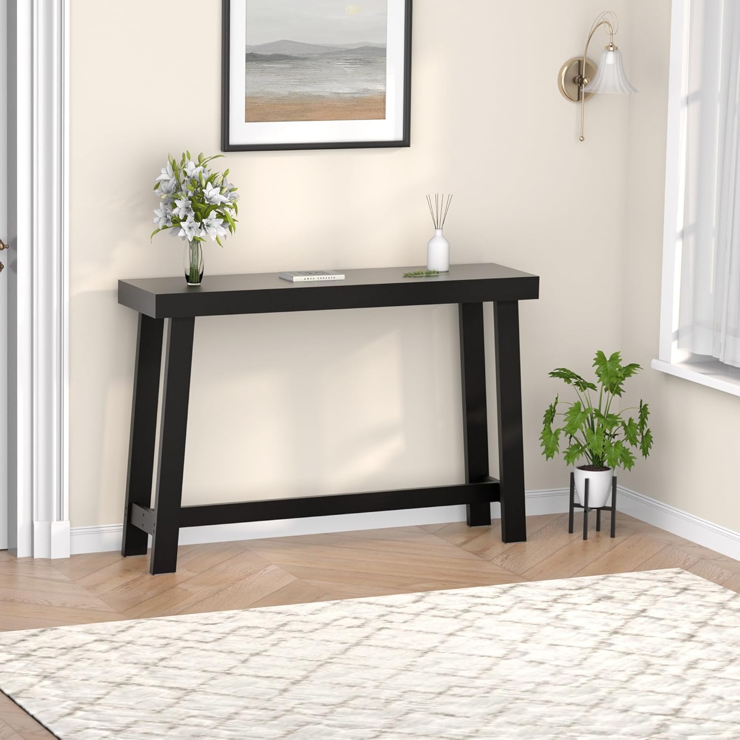Bamboo Wood Entryway Table 47.2 Console Table, Narrow Sofa Table with Support Beam for Entrance, Hallway, Living Room, Bedroom, Foyer(Black)