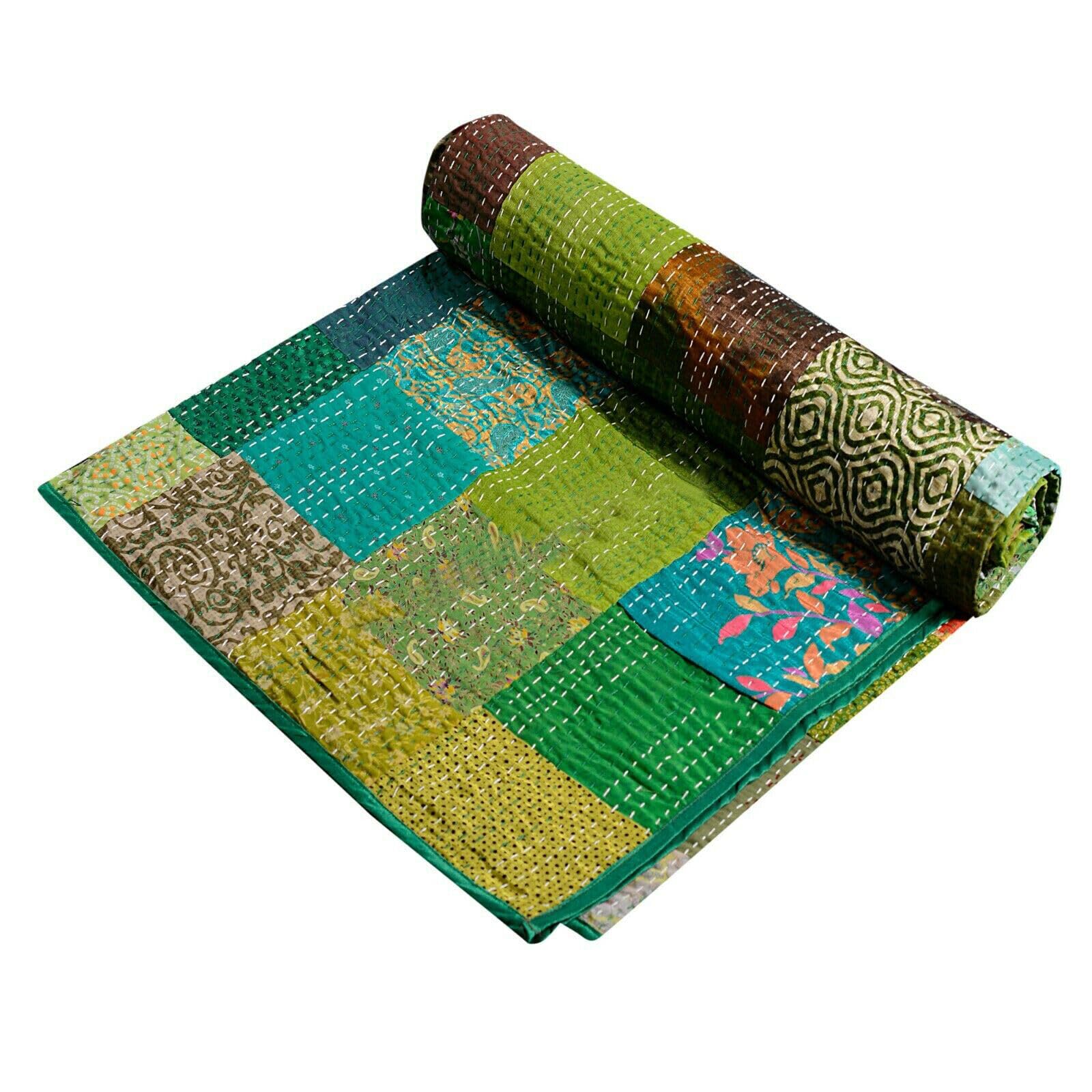 Indian Silk Patchwork Kantha Quilts Patola Bedspread Throws Bedding Comforter Hand Quilted Blankets Premium Bohemian Bed Cover for Sale Shades Patches (Green, Queen Size(90x108 Inches))