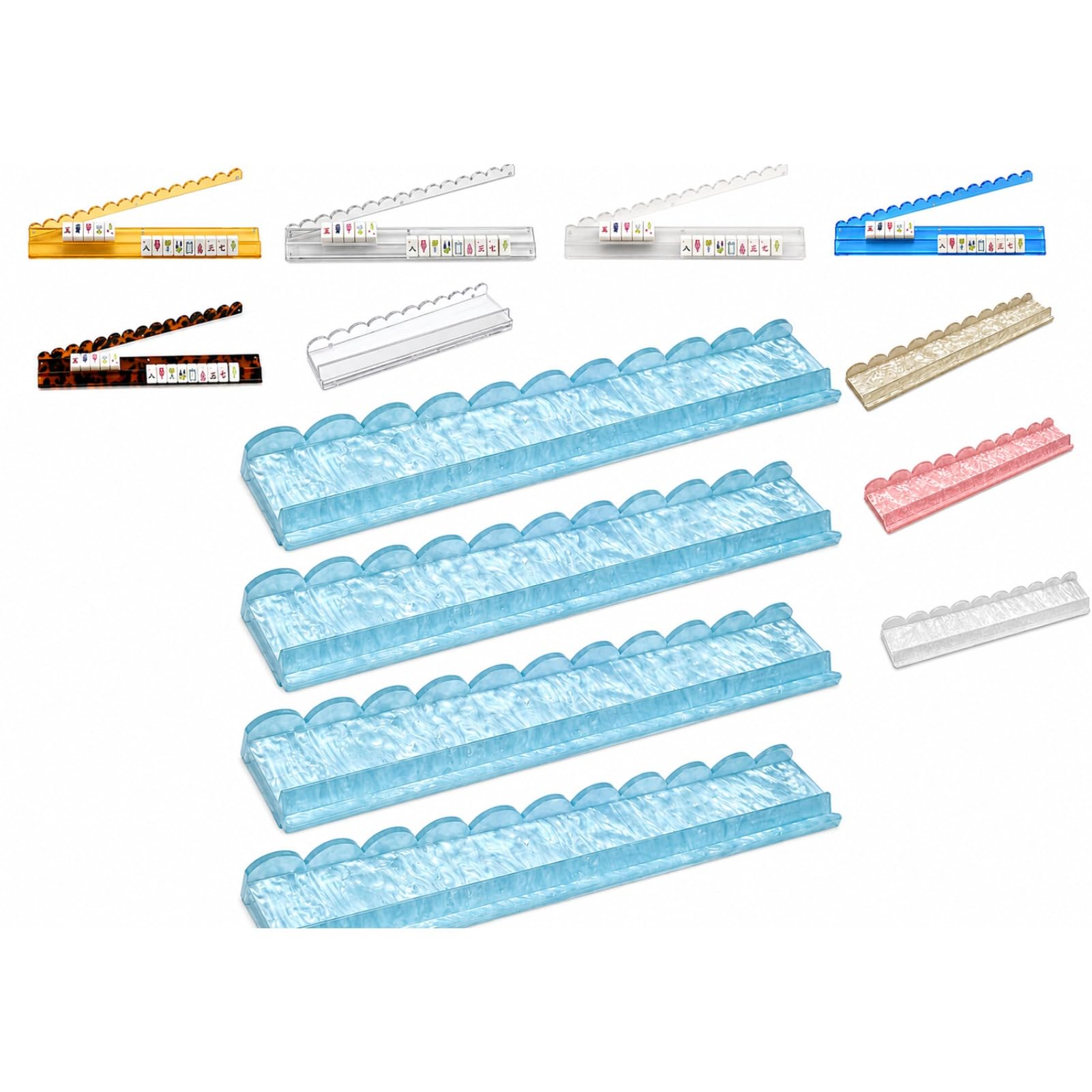 KZVXMUO Mahjong Tile Pusher Rack Set of 4, Premium Acrylic Mahjong Racks with Magnetic Push Bar, Non-Slip Tile Holder Organiser for Mahjong Games, 44/51cm, Clear & Coloured Options (pearl blue,44cm) โ image 1
