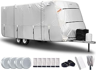 FRUNO Oxford Fabric Travel Trailer Cover RV Cover 16'-18' Waterproof Rip-Resistant Anti-UV Camper Cover for Winter Snow with Jack Cover 4 Tire Covers and Gutter Covers