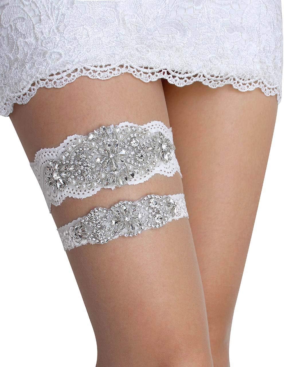 GARGALA Wedding Garters for Bride with Non-Slip Silicone, Lace Bridal Garter Set with Clear Rhinestones Crystal Pearl