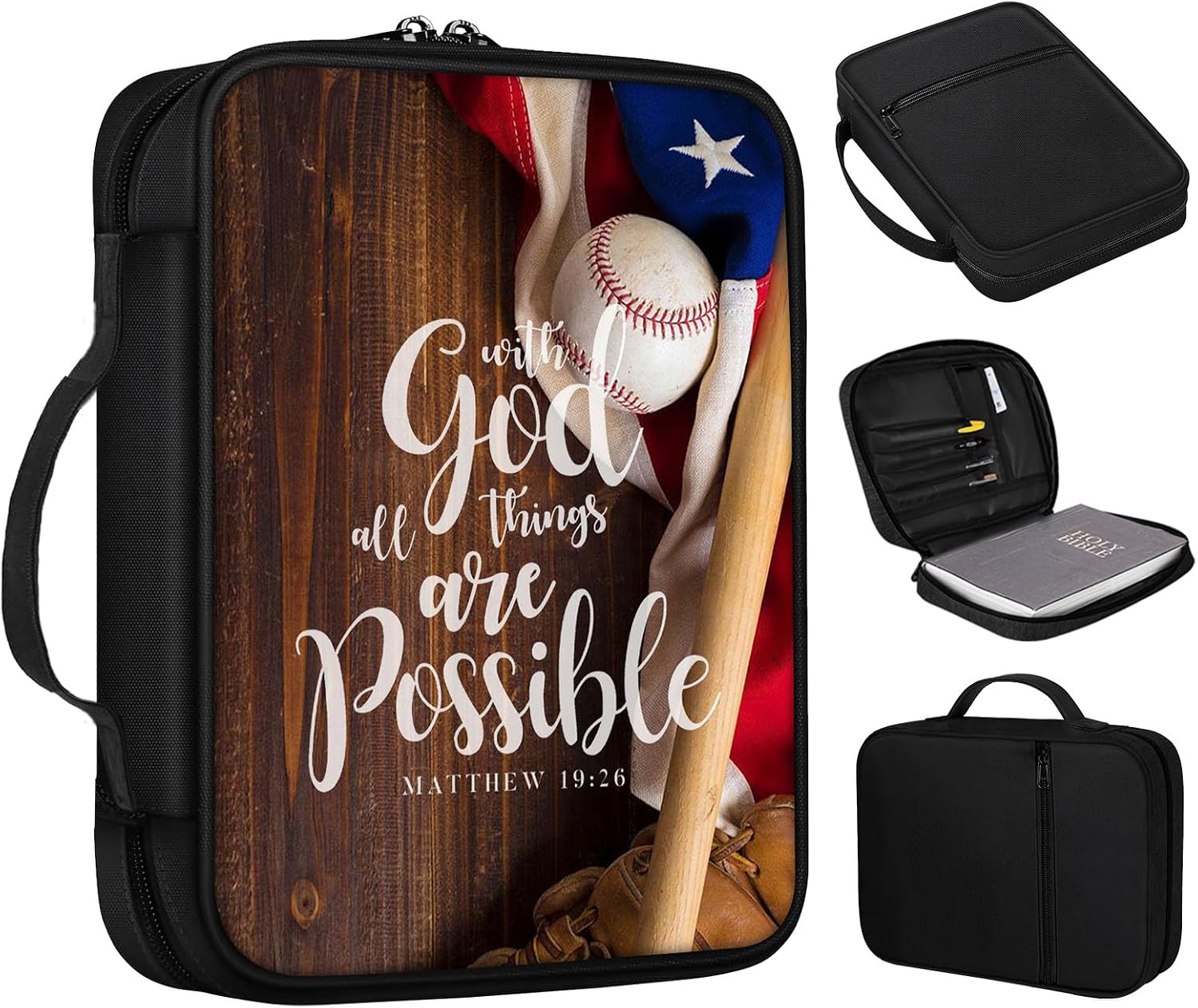 Bible Cover, With God All Things Baseball Bible Case with Handle and Zippered Pocket Standard Size Holy Bible Bag Women Gifts, Church Bag Portable Bible Carrying Book Case for Bible Study