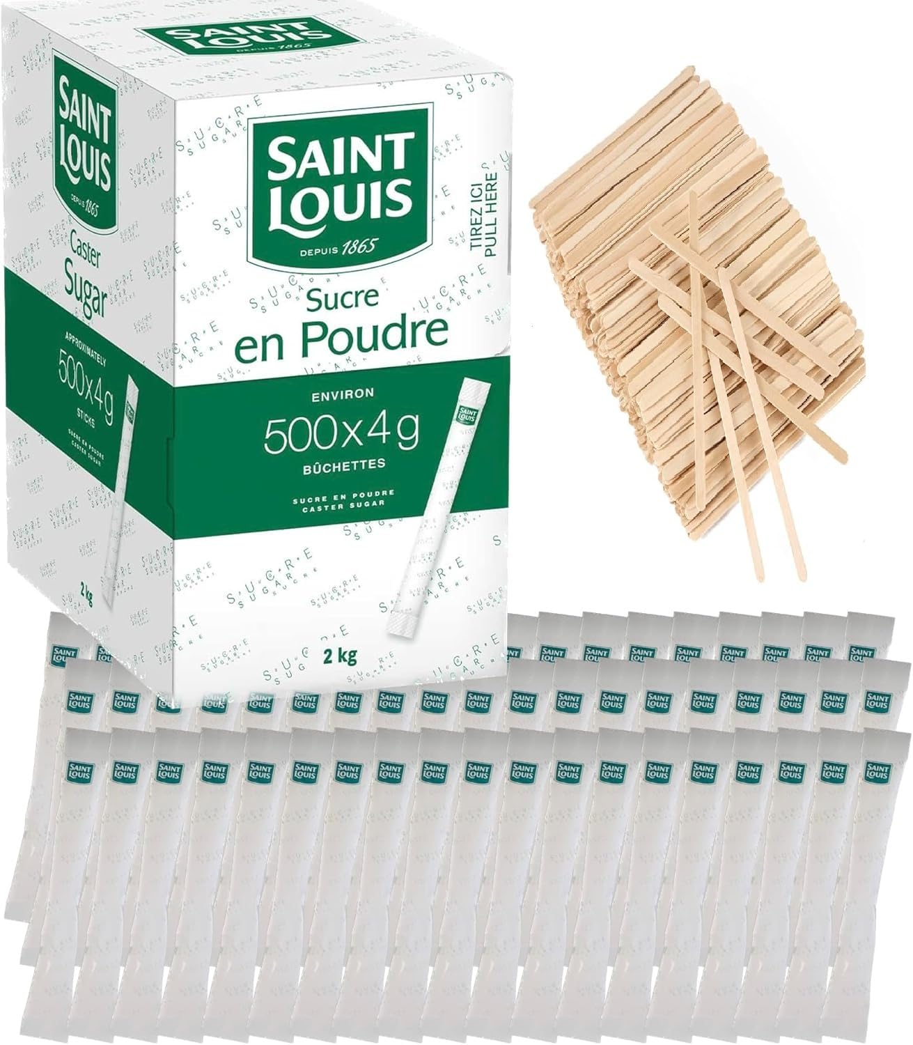 Sucre Blanc en Poudre SAINT LOUIS - 500 bûchettes de sucre cristallisé individuels de 4g (2kg) avec agitateurs en bois – Idéal pour Professionnels – Offre Spéciale