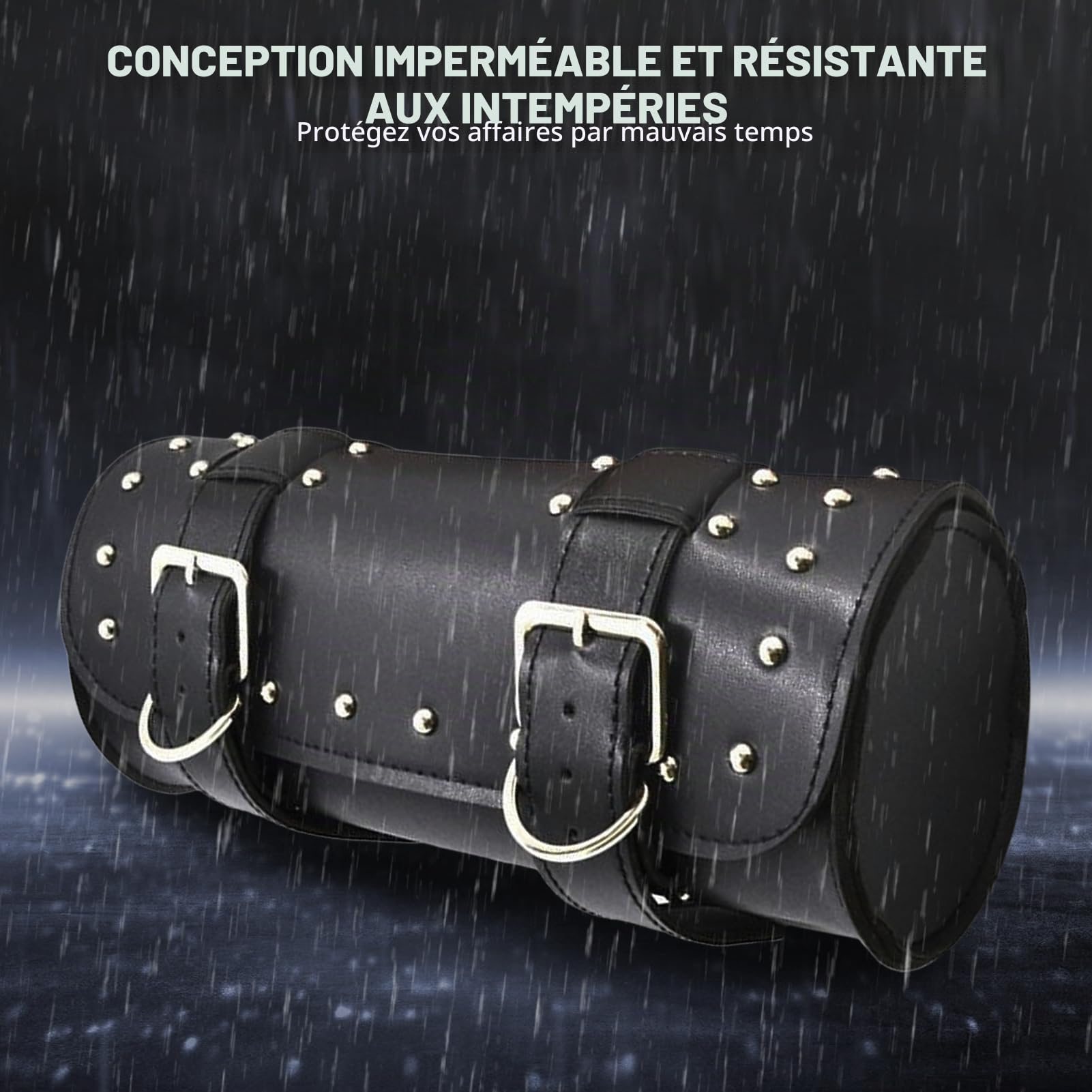 Sacoche de selle de moto en cuir synthétique avec sangles réglables - Sacoche à outils pour guidon de moto - Compatible avec Honda, Kawasaki, Suzuki, Yamaha (noir)