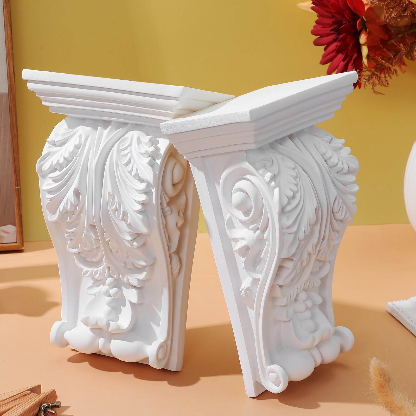 Ménsulas Clásicas de Estilo Europeo en Pu Blanco, Molduras de Madera Laburadas Ligeras para Embellecimiento del Hogar y Moldura para Esquina en Sala de Estar