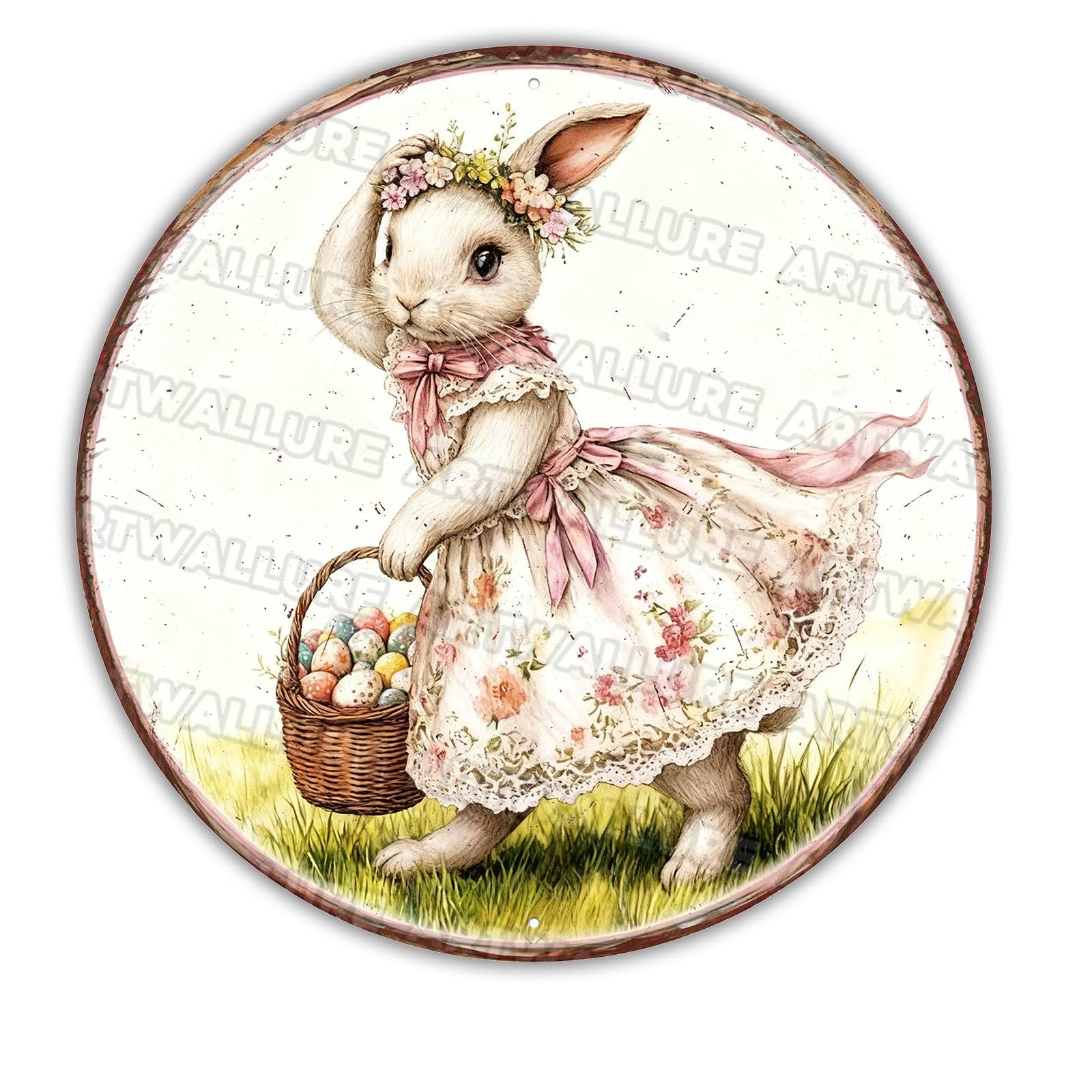Cute Rabbit with Basket Wreath Metal Sign Floral Easter Design Rustic Farmhouse Wall Art For Spring Home Decor Front Door Display 12x12Inch