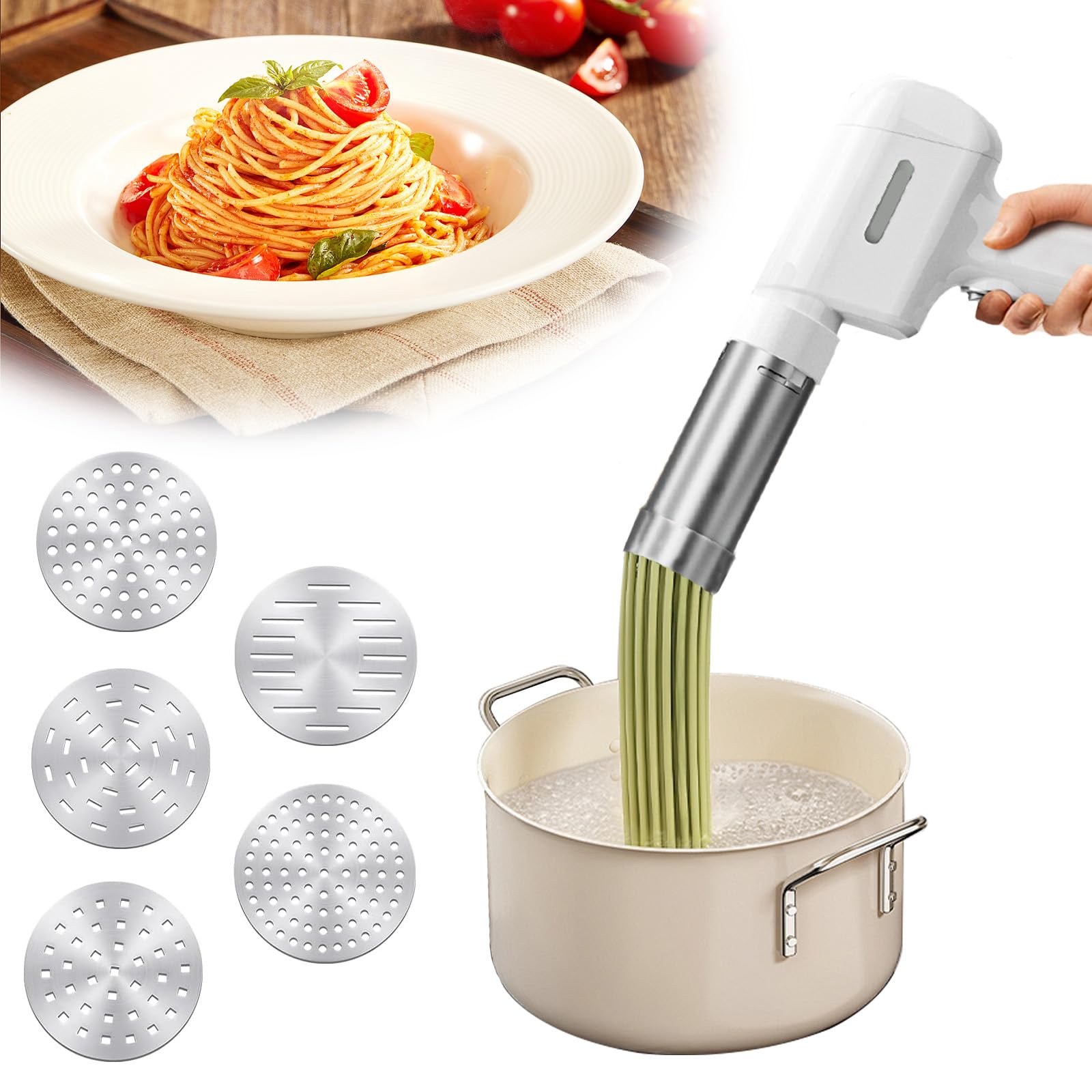Machine à Pâtes électrique Portative, Machine à Pâtes sans Fil 5 en 1, Machine à Nouilles Portable avec 5 Moules de Façonnage, Machine à Spaghetti Maison