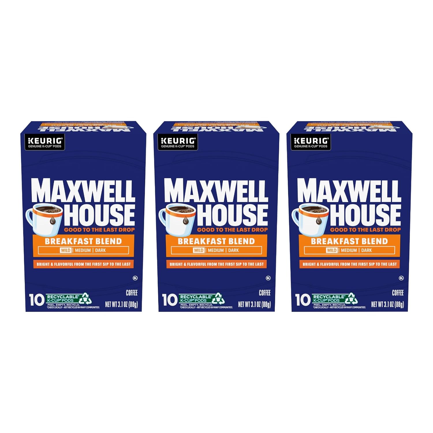 Maxwell House Breakfast Blend Mild Roast K-Cup Coffee Pods, 10 CT (Pack of 3)