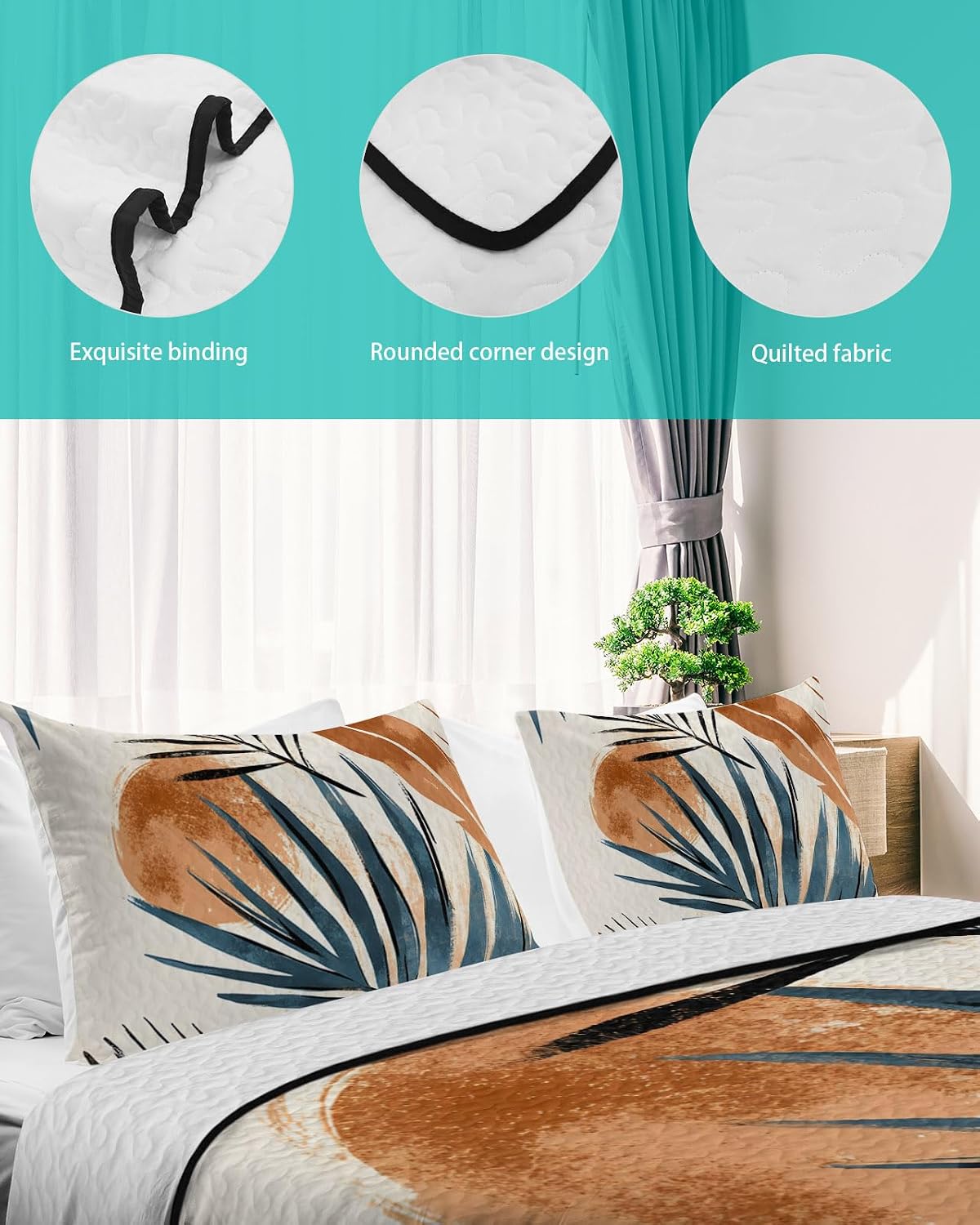 King Size Quilt Set, Abstract Leaf Boho Sun Lightweight Bedspread Coverlet Set Soft Microfiber Summer Quilt with 2 Pillow Shams, Orange Color Block Nordic Style 3 Piece Comforter Bedding Set