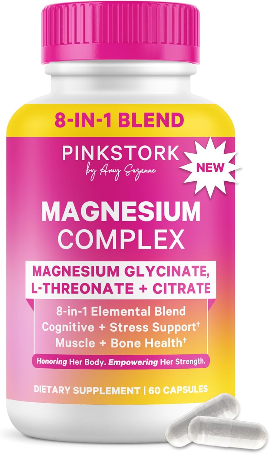 Pink Stork Magnesium Complex for Women - 8 Forms Including Glycinate, Malate, Citrate & L-Threonate - Stress, Sleep, Muscle & Hormone Support - 400 mg Elemental Magnesium - 60 Vegan Capsules