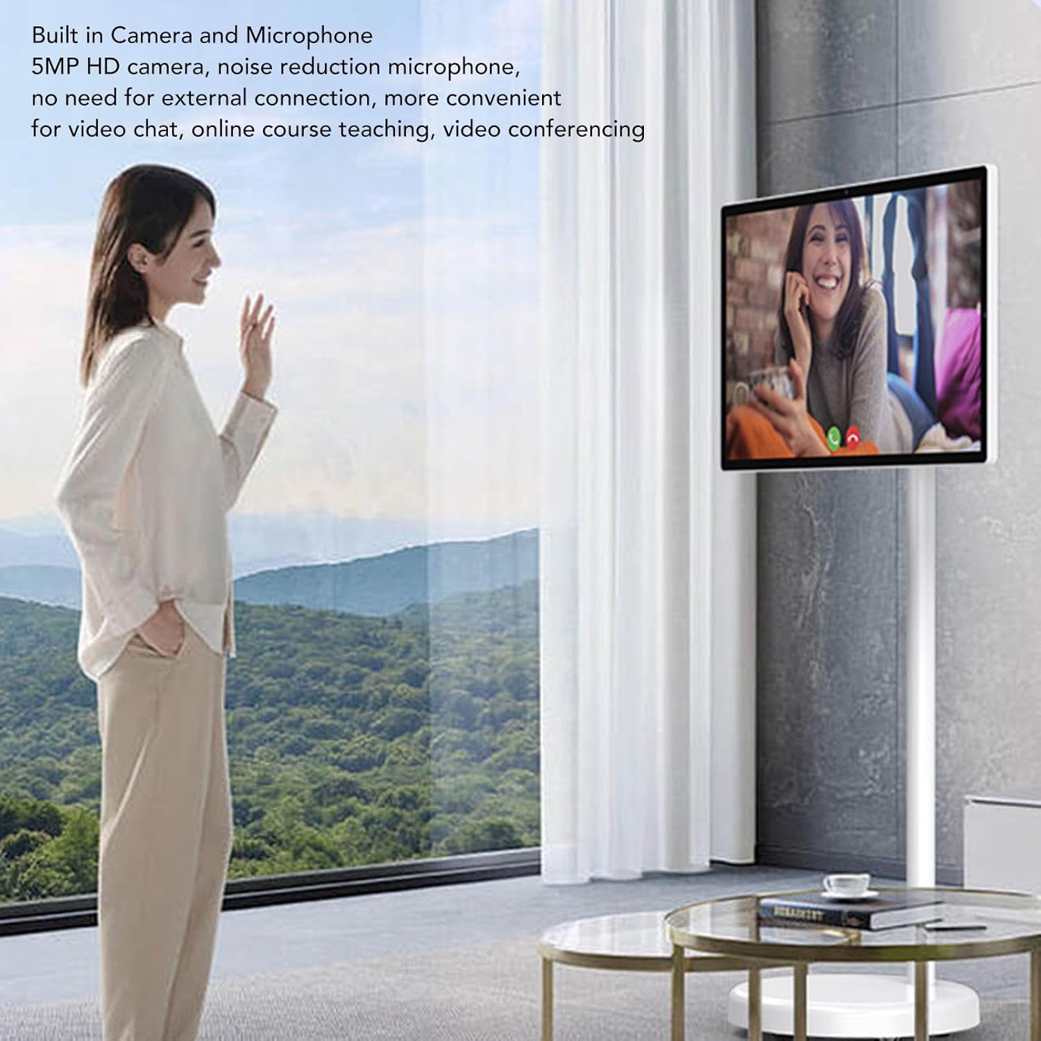 Woman interacting with the Bewinner Smart Screen during a video call