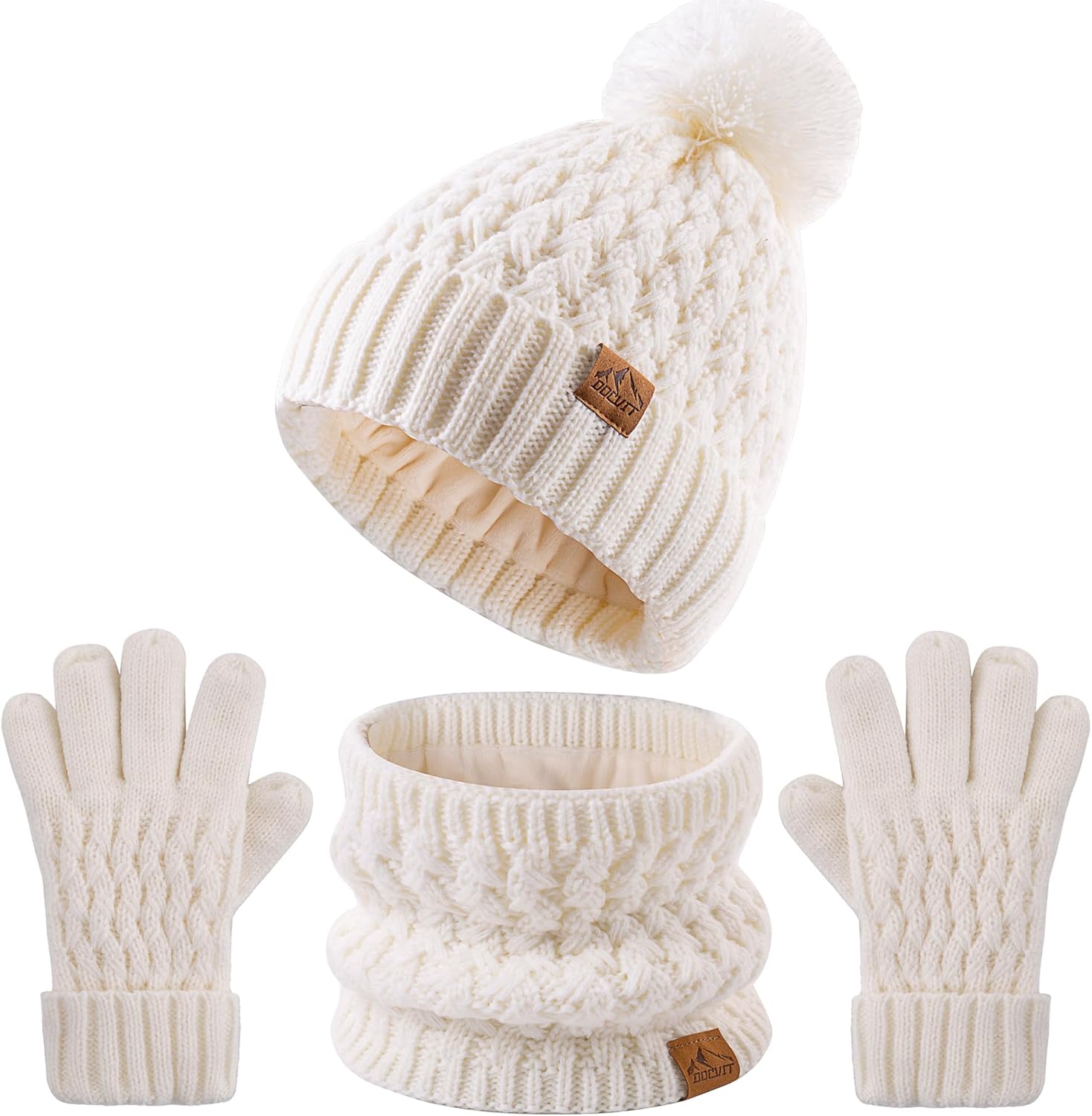 Kids Pompom Winter Beanie Hat Scart Gloves Set,Boys Girls Knitted Fleece Lined Woollen Hat for Children’s Toddler 3-9 Years
