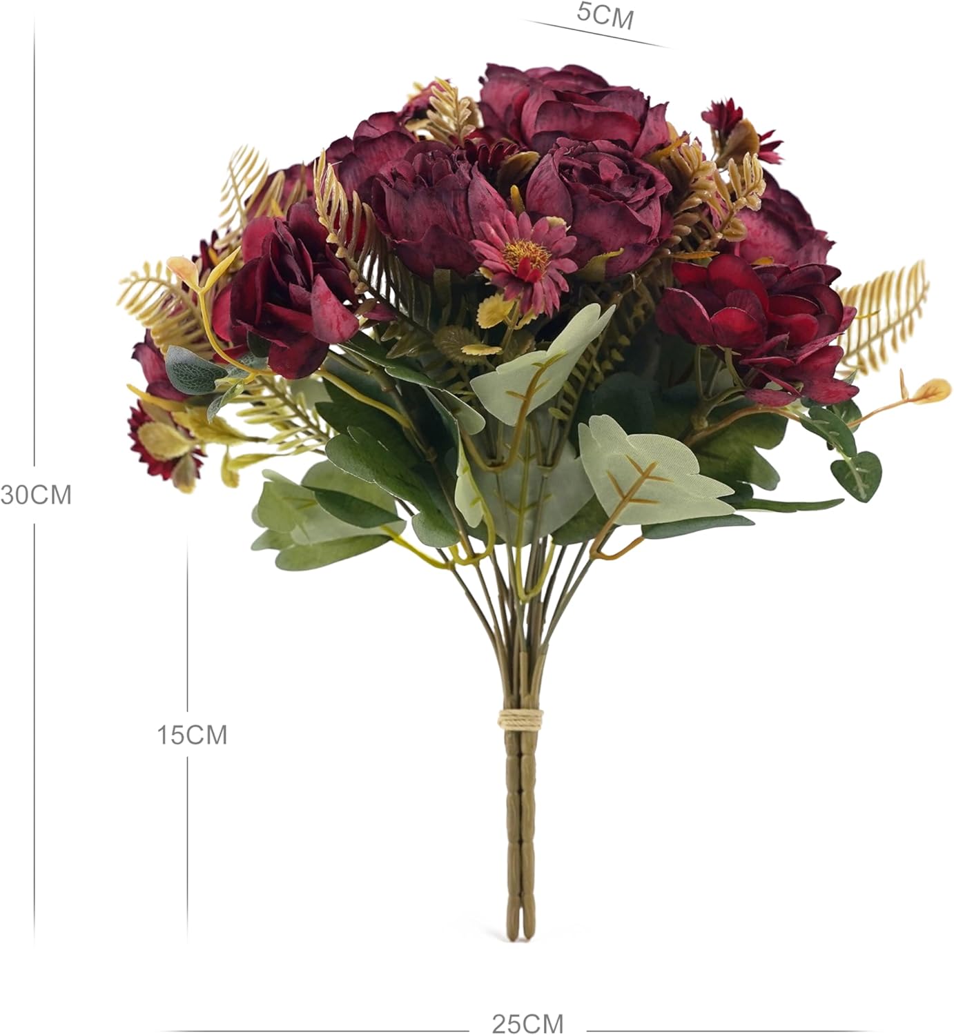 Artificial Flower Arrangement 3 Branches Wine Red Blooming Peony Mix Daisy 30cm Tall