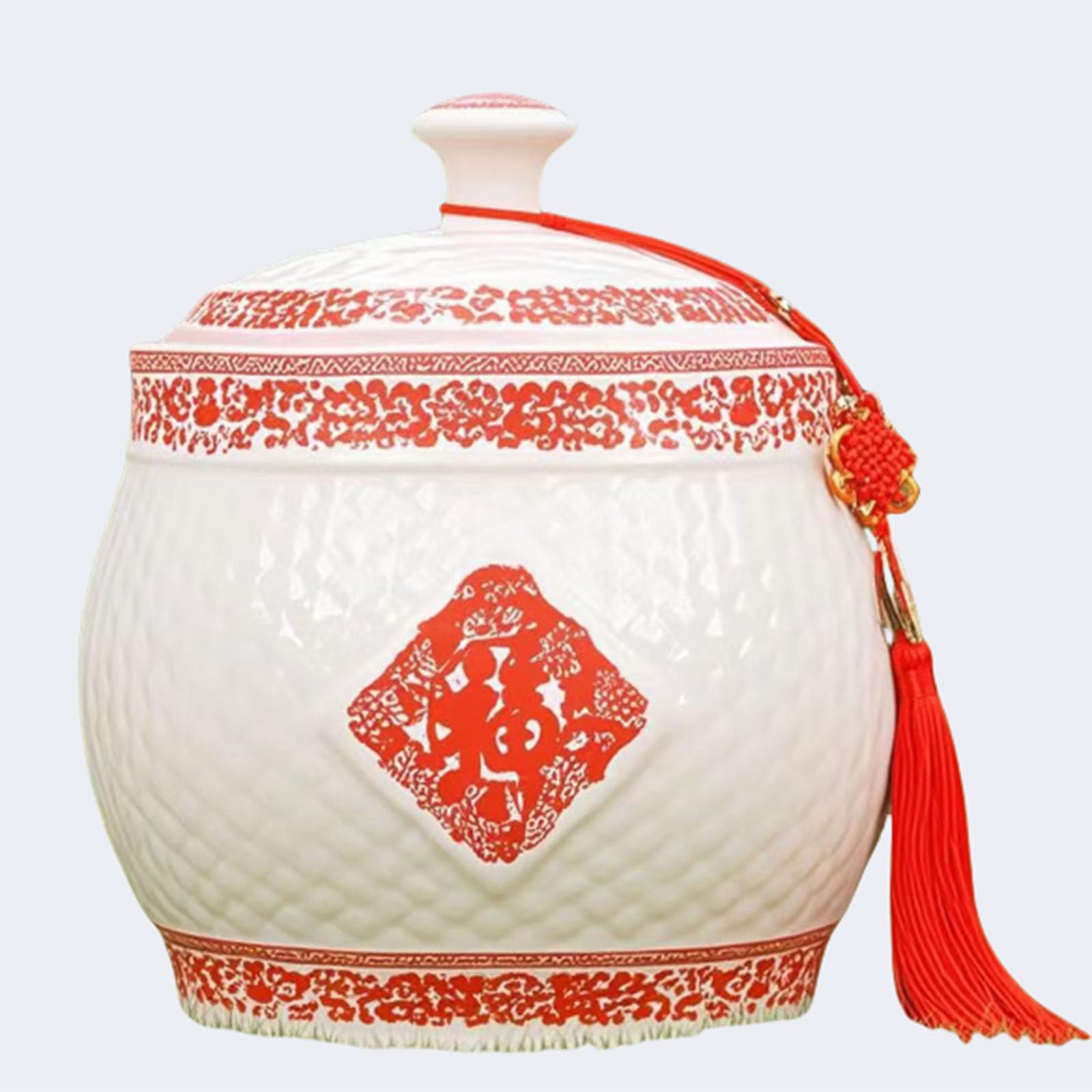 Ixtregzjkm 3 Ceramic Rice Jar With Lid, Chinese Ceramic Rice Bucket With Tassel Design, Airtight Large Capacity Rice Jar, Oatmeal Container, Rice Container, Cereal Dispenser, Large Sugar Dispenser 10Kg