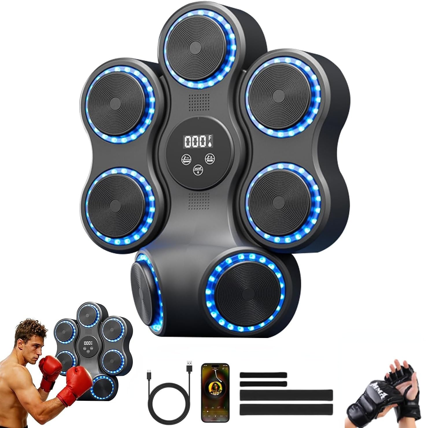 Music Boxing Machine, Wall Mount Smart Training Equipment with Bluetooth Music Function & LED Lighting, 9 Speed Levels and 11 Training Modes, for Home Office Gym (E (+Adult half-finger M M A Gloves))