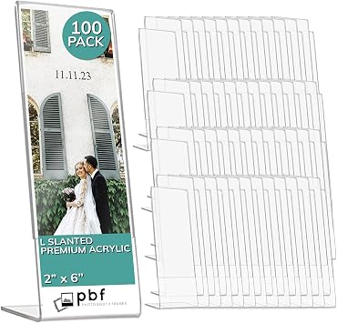 pbf PHOTO BOOTH FRAMES 2x6 Acrylic Sign Holder | 2 x 6 Vertical Stand Up Slanted Sign Holder | Acrylic Stands for Display | Clear Picture Frame, Menu Table Top Stand, Plastic Flyer Holder 100-Pack