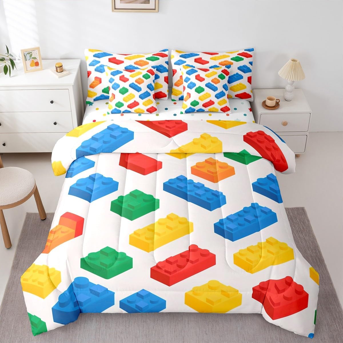 Feelyou Building Blocks Comforter Set with Sheets, Gaming 7 Piece Bedding Set for Kids Boys Girls Teens Toy Brick Bed Set Includes Comforter, Sheet Set, Pillowcases & Pillow Covers King Size Colorful