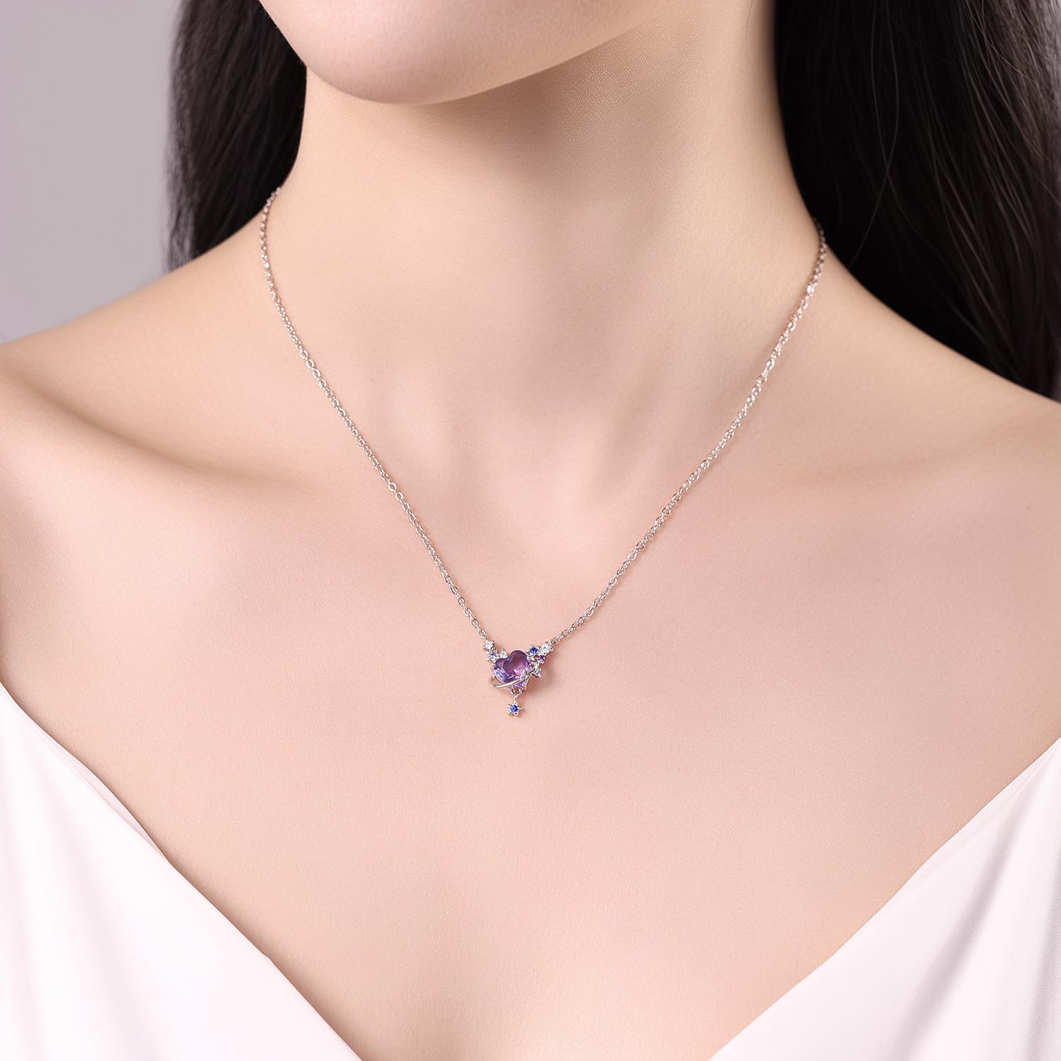 925 Sterling Silver Necklace for Women，Dainty Purple Love Planet Pendant Necklace, Galaxy Solar System Jewelry Gift for Her Valentine's Day, Adjustable 16-18in Chain，Basic Multifunctional Accessories Suitable for Multiple Occasions and Daily Wear - Image 3