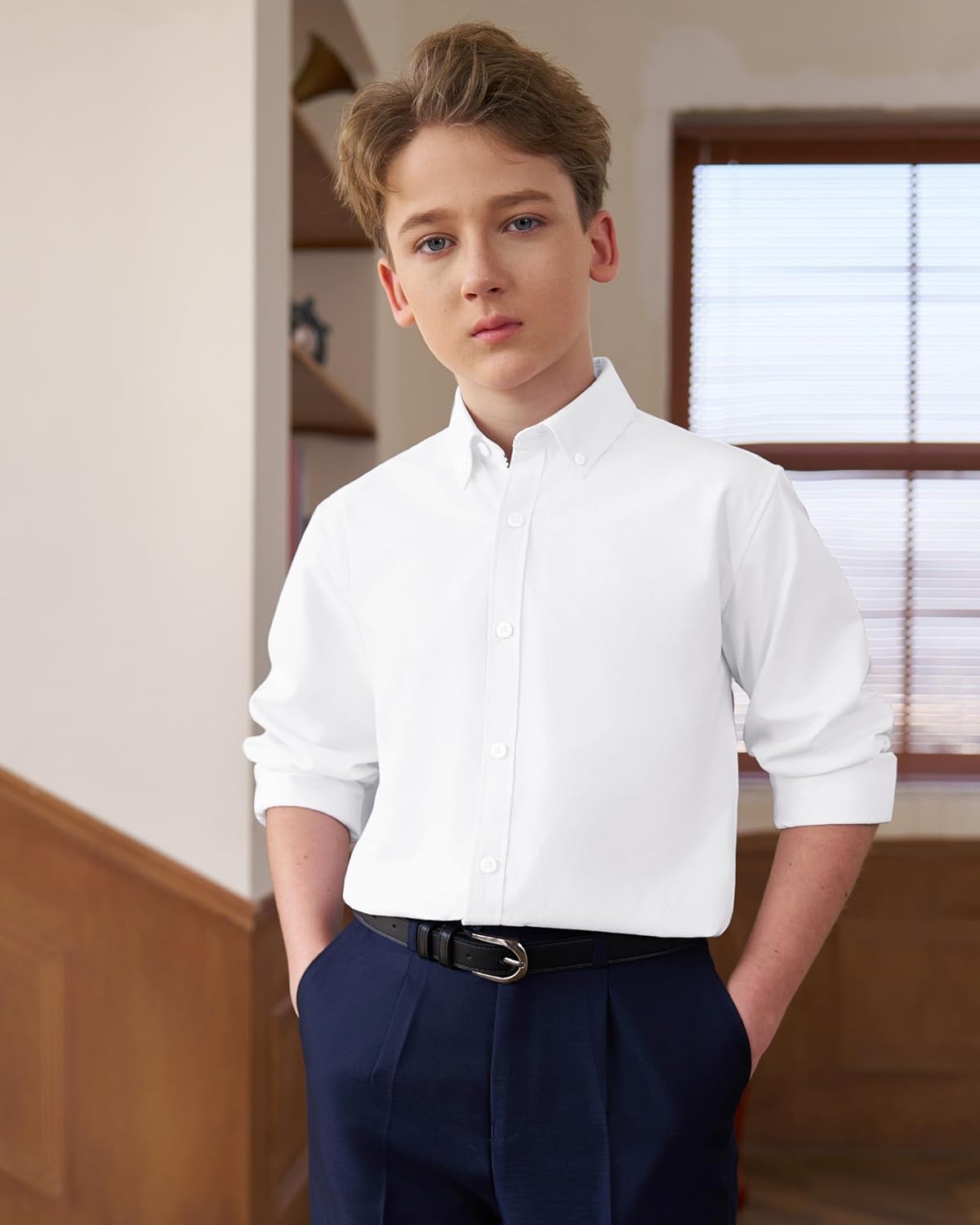 J.VER Boy's Long Sleeve Oxford Dress Shirts Solid Casual Button Down Collar Shirt Kids Formal Uniform Tops - Image 3