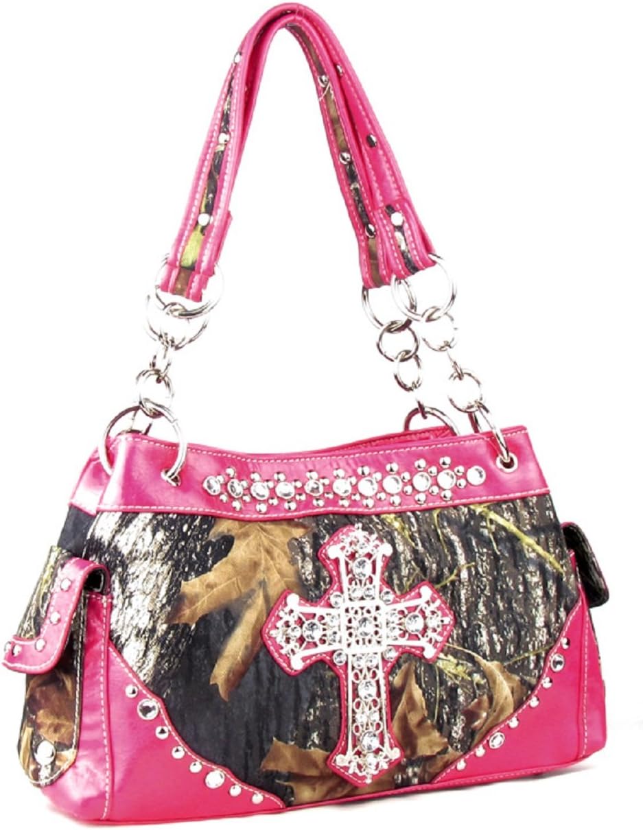 Western Handbag Camouflage Cross Camo Rhinestone Purse With Matching Wallet (PINK)