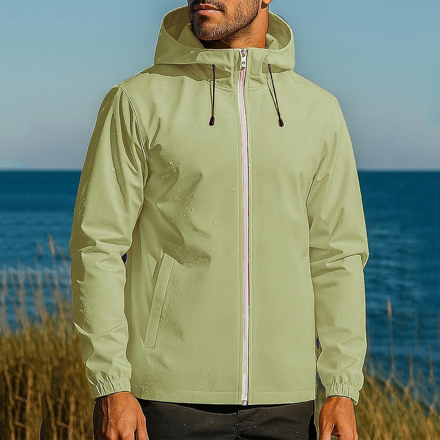 Men's Waterproof Hooded Jacket Long Sleeve Windbreaker Zip Up Rain Coat Outdoor Hiking Lightweight Travel Outerwear