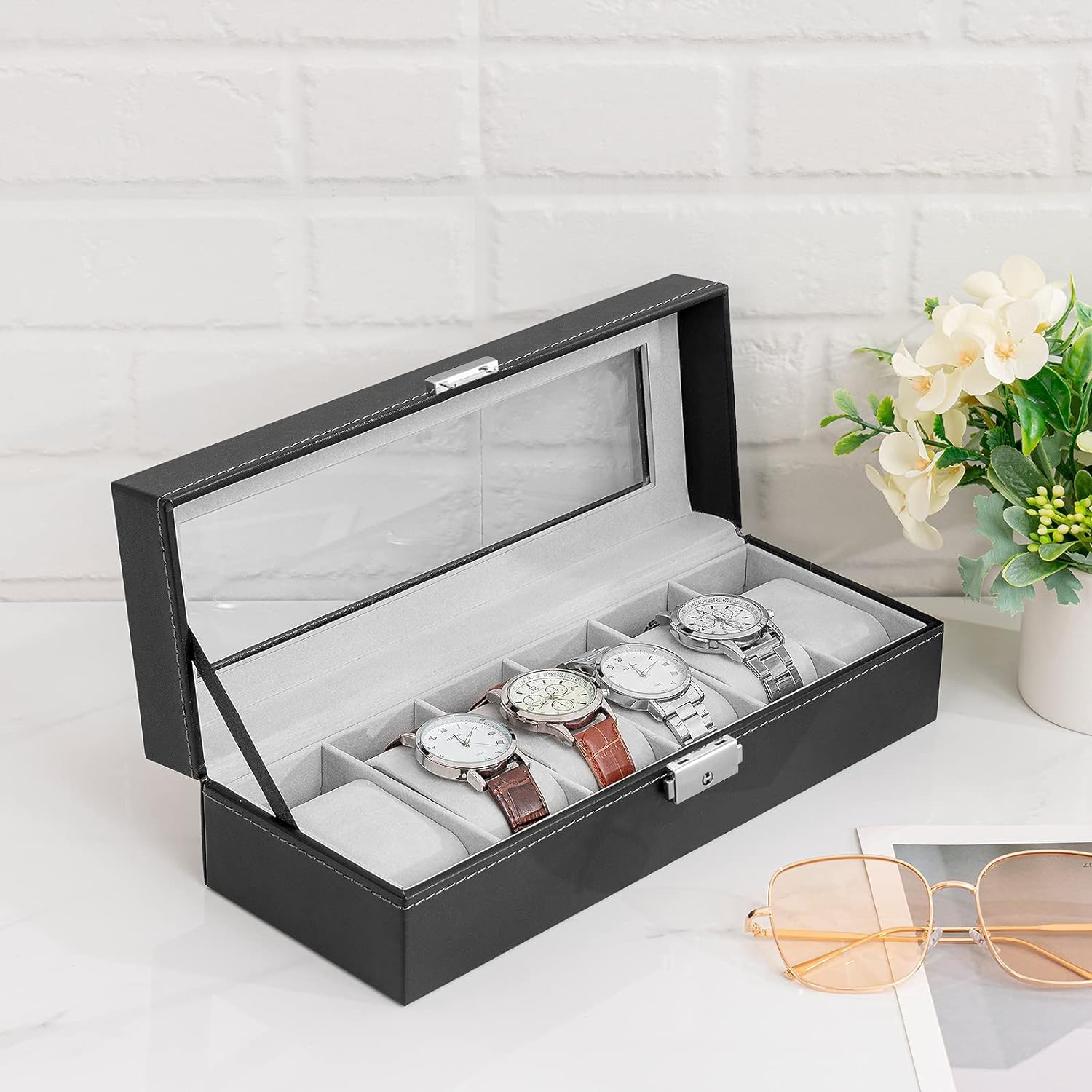 DIVUE Watch box organizer 6 slots | Watch Holder Organizer Box Case | Watches Storage Box Holder Organizer with Transparent Window, PU Leather Lockable Watch Case with Removable Watch Pillow (B0CKBNPRHN) Amazon Price History, Amazon Price Tracker