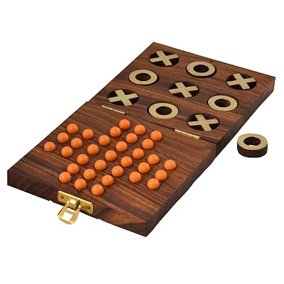 Fine Craft India Wooden Tic Tac Toe and Solitaire Board Game, Traditional Challenging Board Game for Kids and Adults