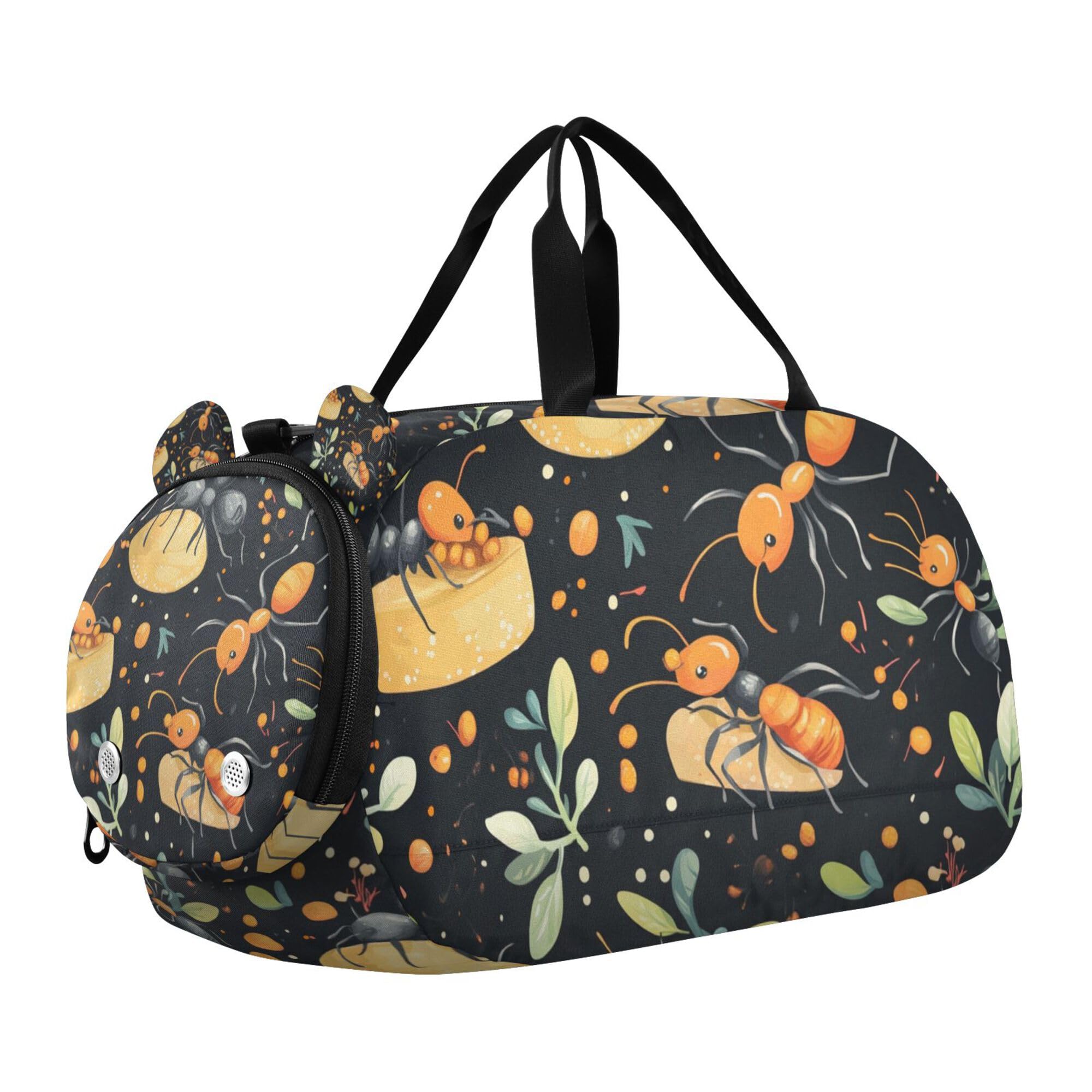 Glaphy Cartoon Ants Black Duffle Bag for Toddler Boys Girls, Gym Sports Bag with Shoe Compartments, Kids Travel Overnight Weekender Shoulder Bag
