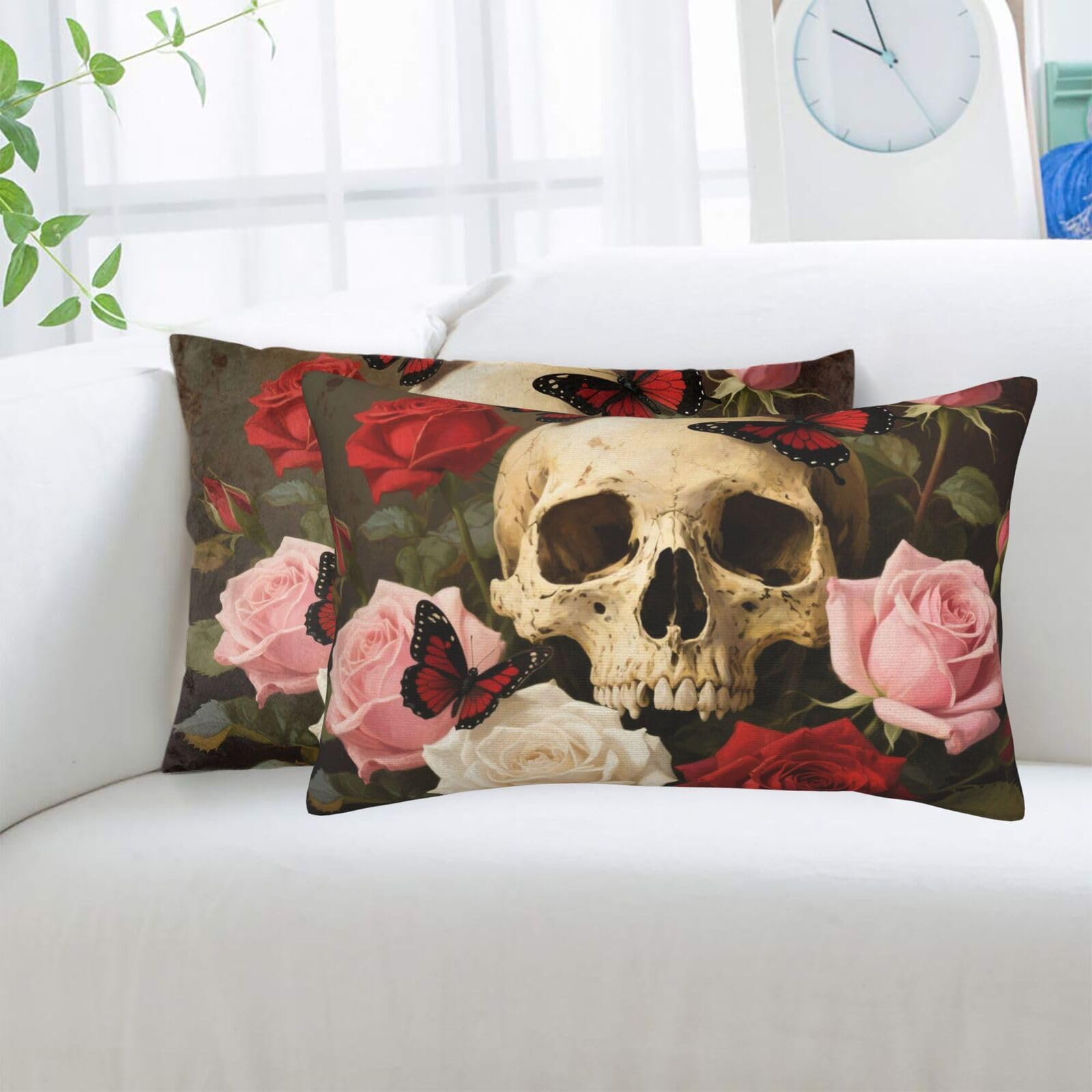 2 Pack Standard Pillowcases Sets, Ultra Soft Comfort Microfiber Plush Pillow Cases Rose Skull Decorative Throw Pillow Cover with Hidden Zipper for Bedroom, Sofa, Couch,16"X24"