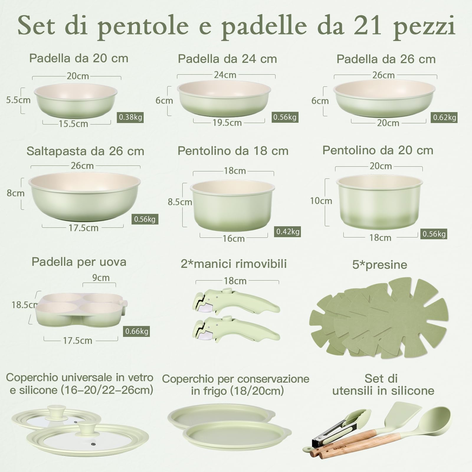 GiPP 21 Pezzi Set di Padelle Antiaderente, Verde Chiaro