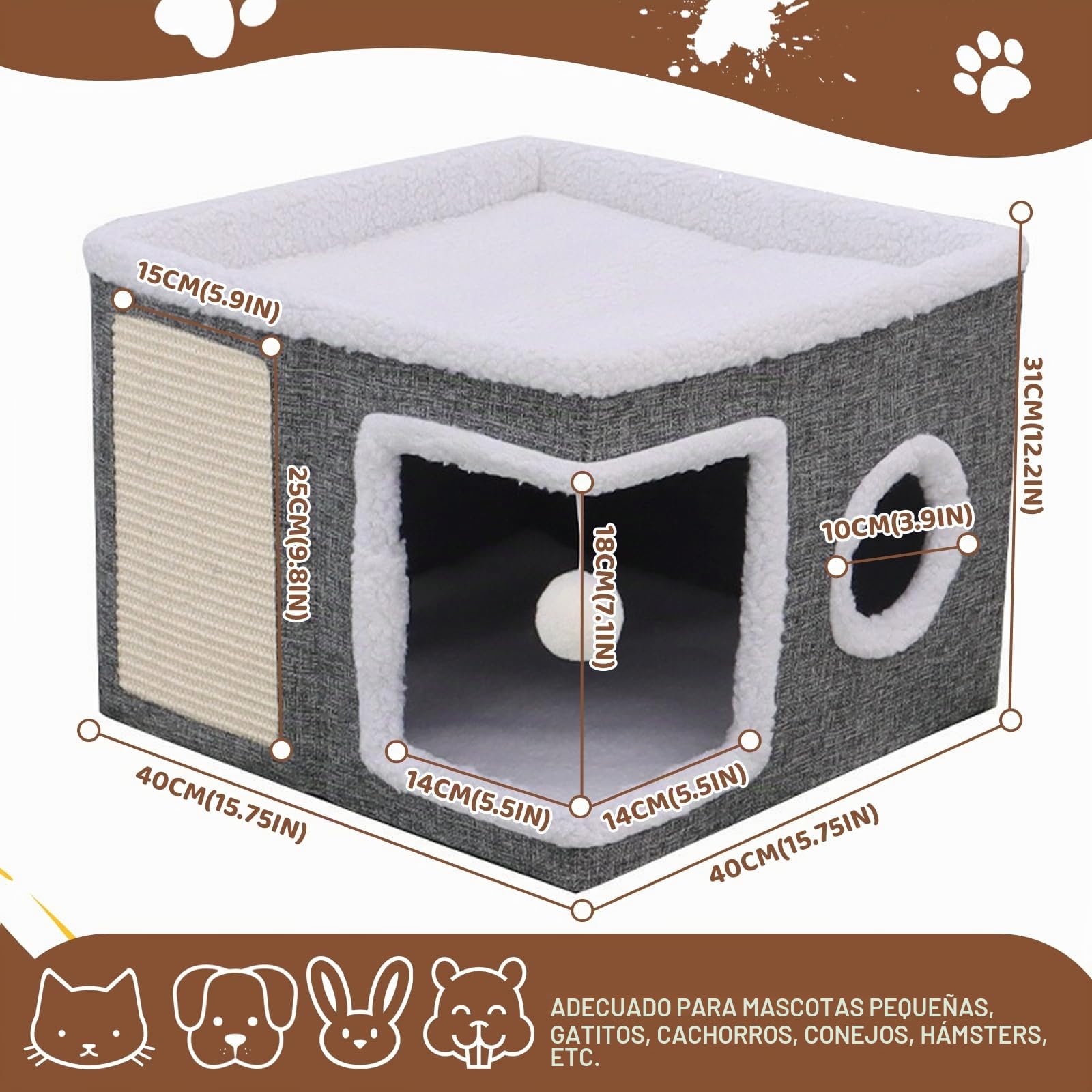 Casa Plegable para Gatos,40 x 40 x 31cm Casa para Gatos para Interiores,Capas para Gatos Pequeños y Medianos,con Celota de Peluche, Rascador para Gatos y Agujero para Gatos