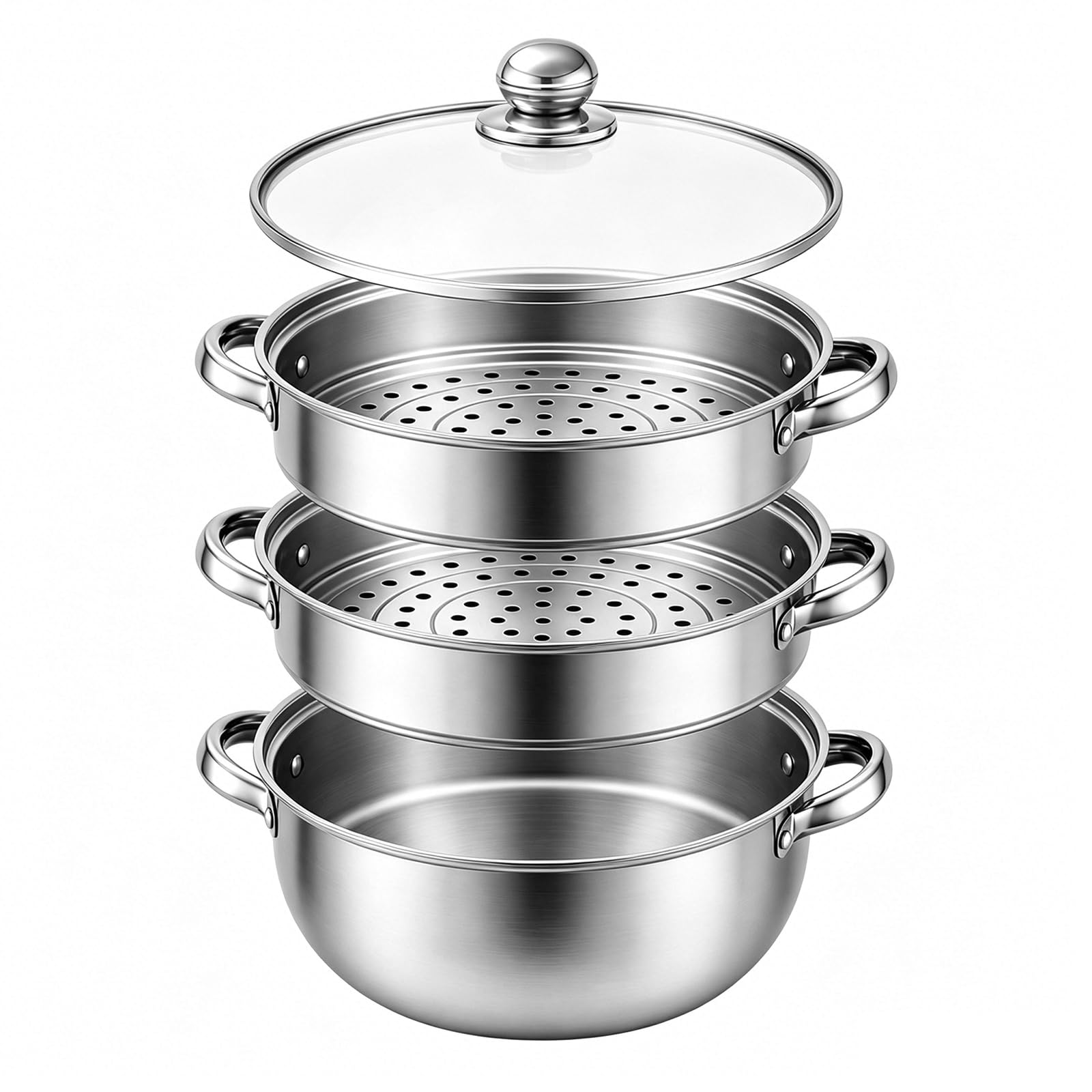 Olla para cocinar al vapor con tapa, 28 cm, acero inoxidable, con inserto de vapor, 3/4 niveles (3 pisos)