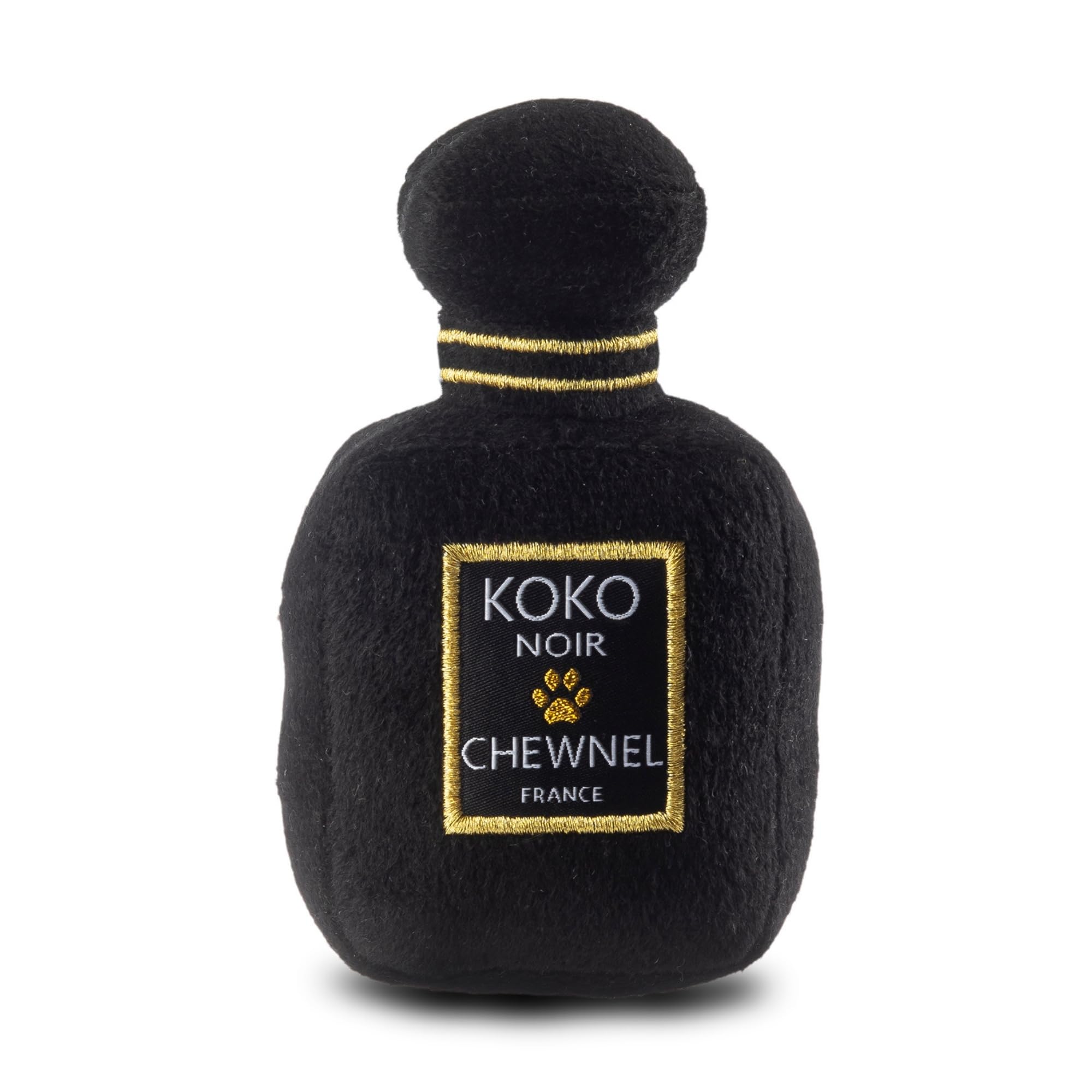 Chewnel Noir Pawfum Plush Dog Toy Bottle | Luxury-Inspired Parody Designer Perfume Bottle with Squeaker, Soft Plush Fashion Dog Toy – Prêt-à-Porter Play!