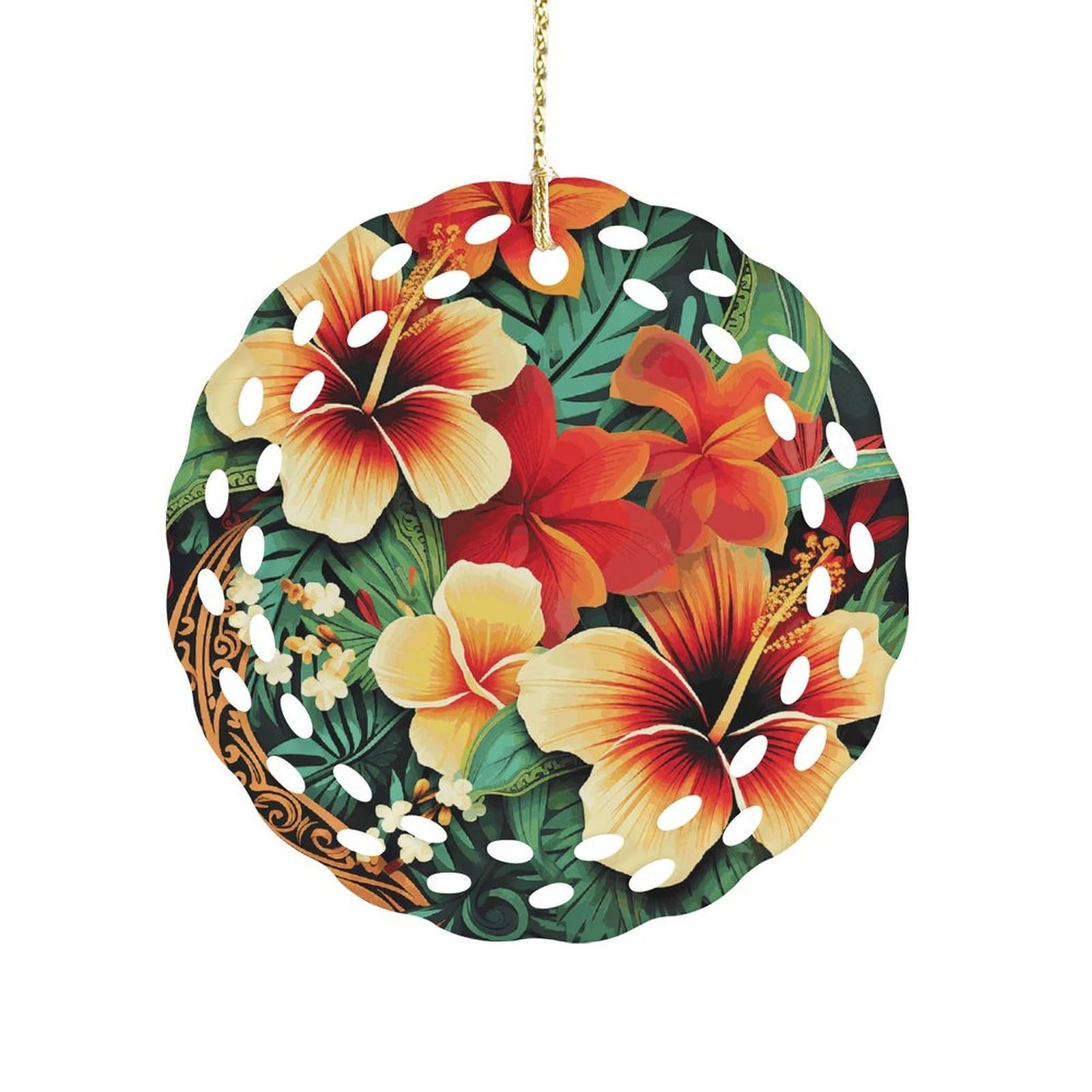 Btcowzrv Style Hawaiian Print Pattern Ceramic Ornament,Round Ornaments With Hole Easy To Hang,Hanging Ornament For Wedding Party Home Window Garden Christmas Day Decor