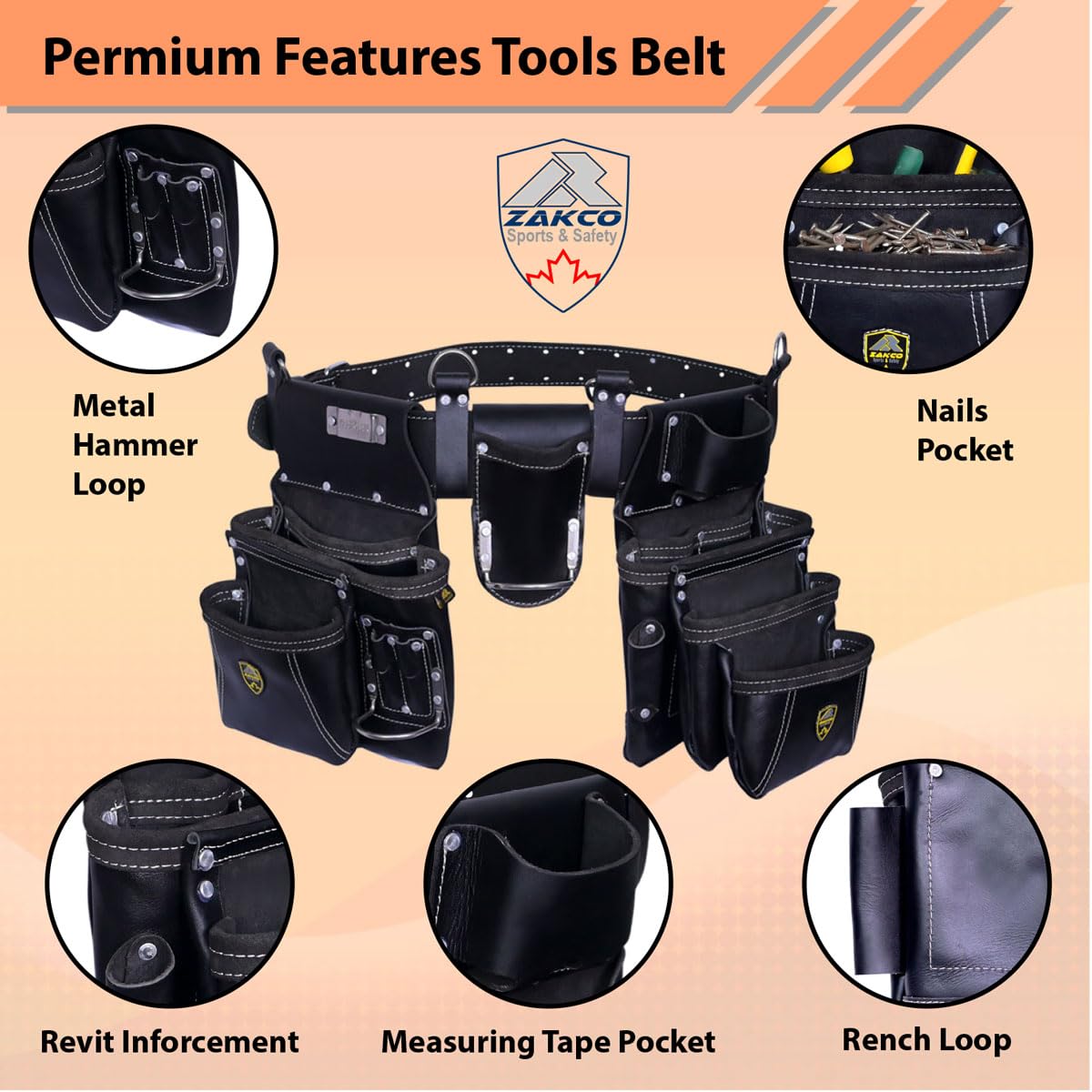 PRO-19 Ceinture à outils en cuir véritable, multi-poches, ceinture à outils de charpentier, pochettes en cuir réglables, ceinture à outils pour charpentier, bricoleur et couvreur