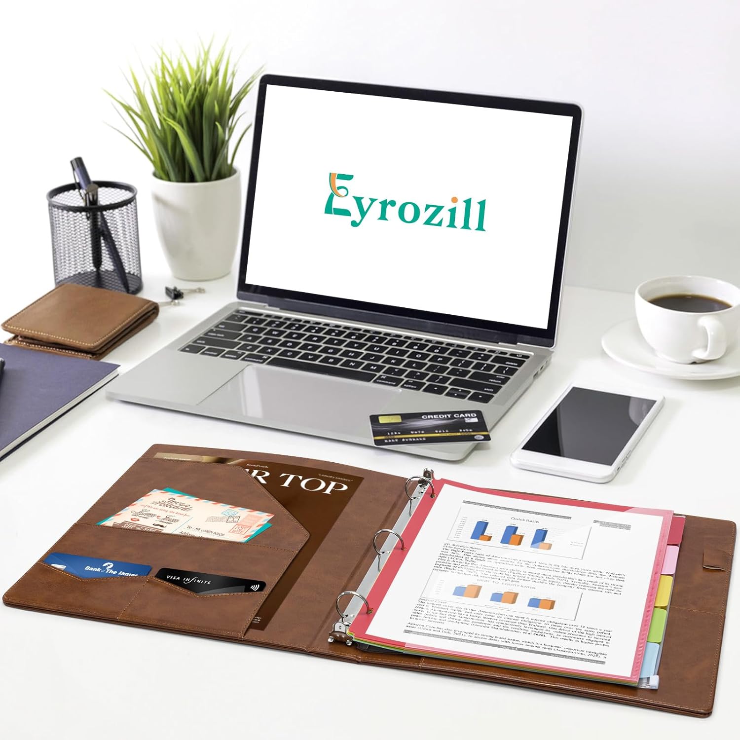 Eyrozill Professional Leather Portfolio with Clipboard, Zipper Pouch, 5 Sheets Plastic Dividers，Leather 3 Ring Binder 8.5 x 11, 1-inch Round Rings, Brown - Image 7
