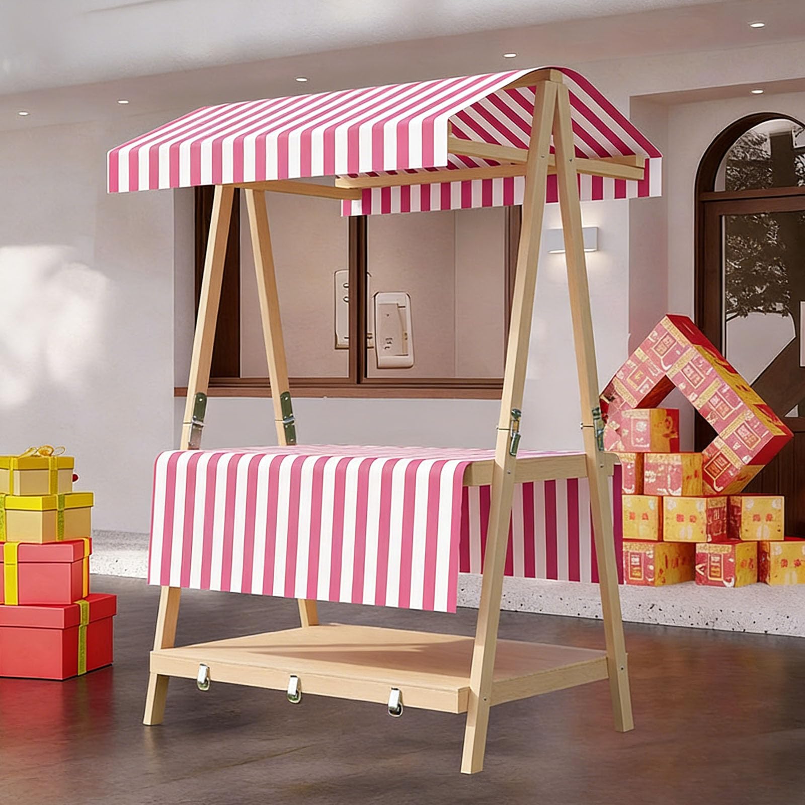 Carro Plegable con Expositor para Quiosco Carrito PortáTil con Toldo Estante Almacenamiento Dos Niveles FáCil Transportar Ideal para Mercados Y Puestos Comida Callejeros Pink-A 140cm/55in